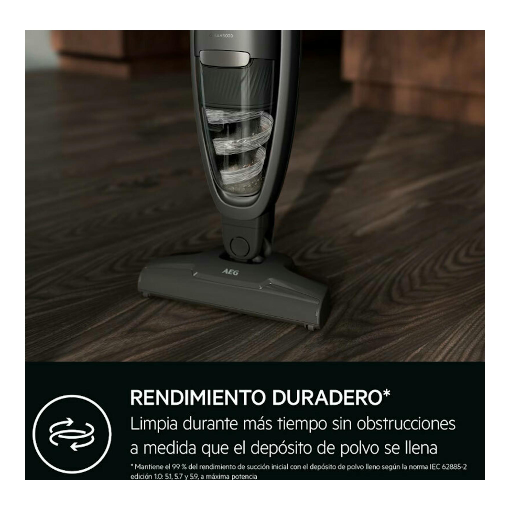 Aspirador vertical AEG AS52CB18DG gris oscuro, vista frontal sobre suelo de madera.