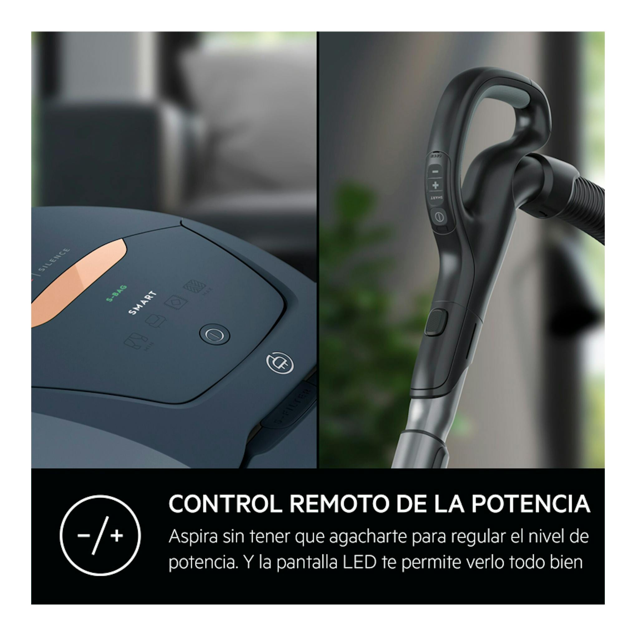 Aspirador con bolsa AEG VX82-1-5DB, vista en primer plano del panel de control y el mango negro.