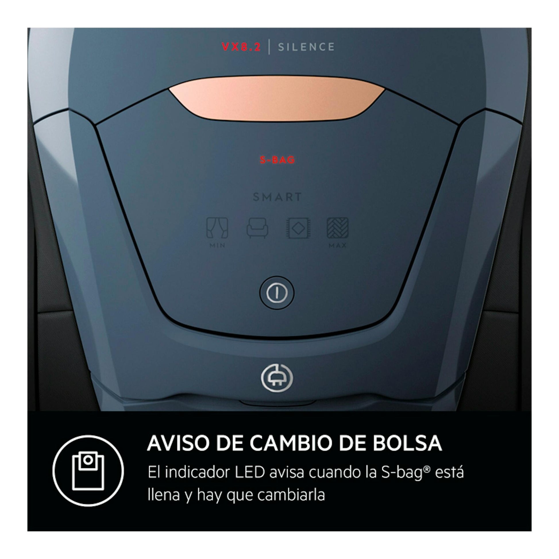 Aspirador con bolsa AEG VX82-1-5DB, vista frontal superior en color azul oscuro con panel de control.