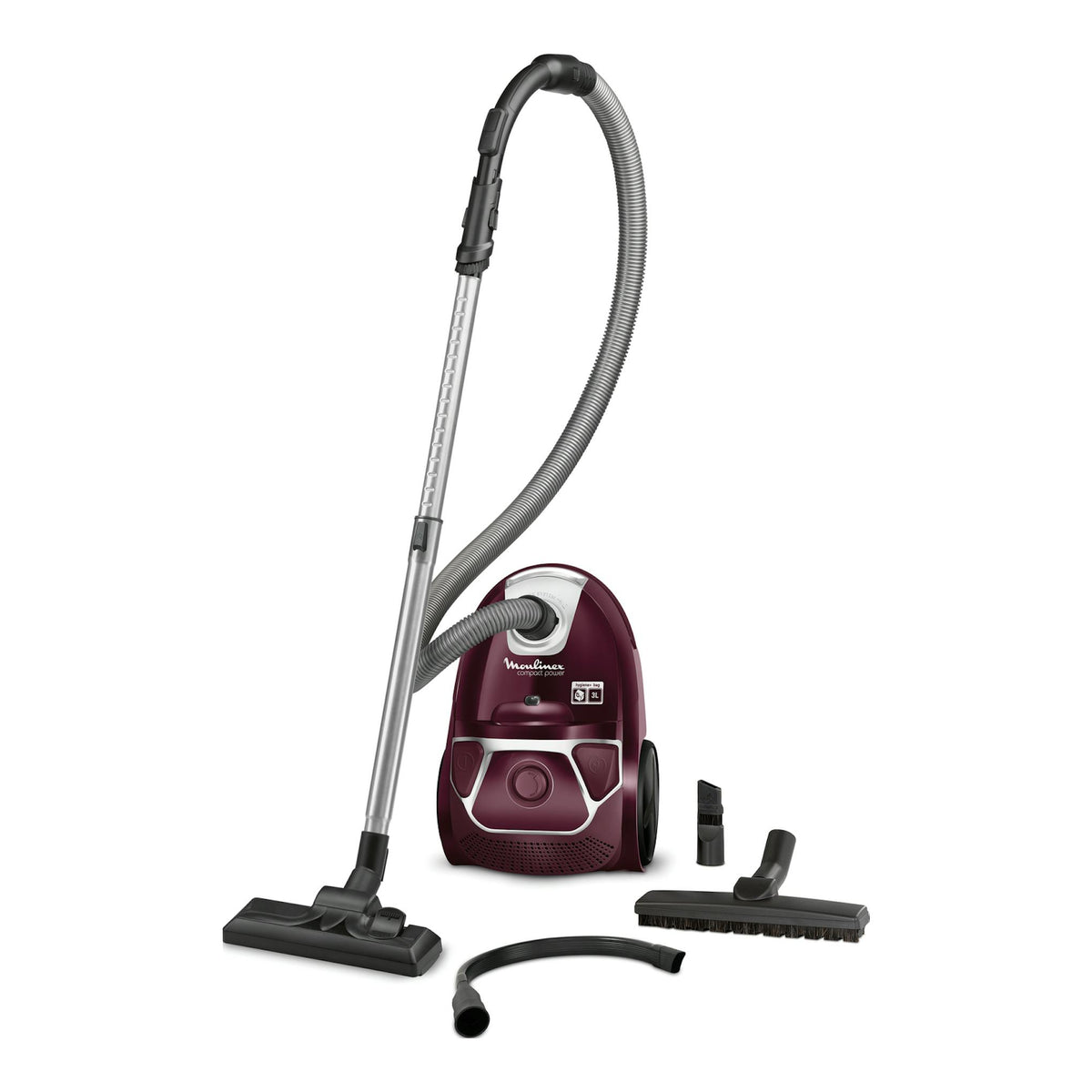 Aspirador con bolsa Rowenta Compact Power RO3969EA granate, con manguera y accesorios, sobre fondo blanco.