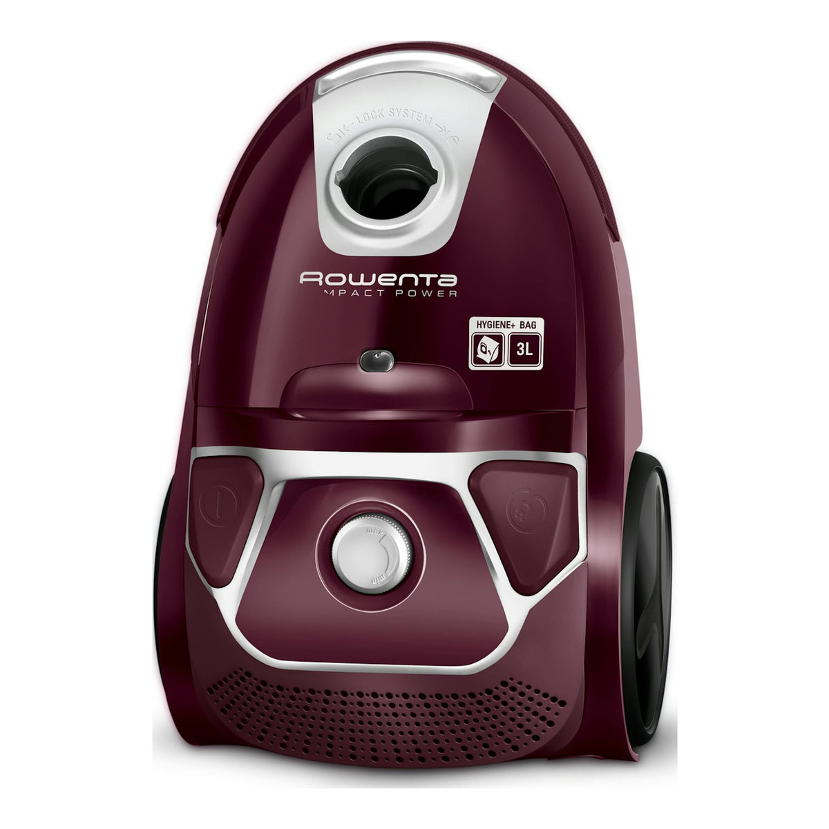 Aspirador con bolsa Rowenta Compact Power RO3969EA, color burdeos, vista frontal.