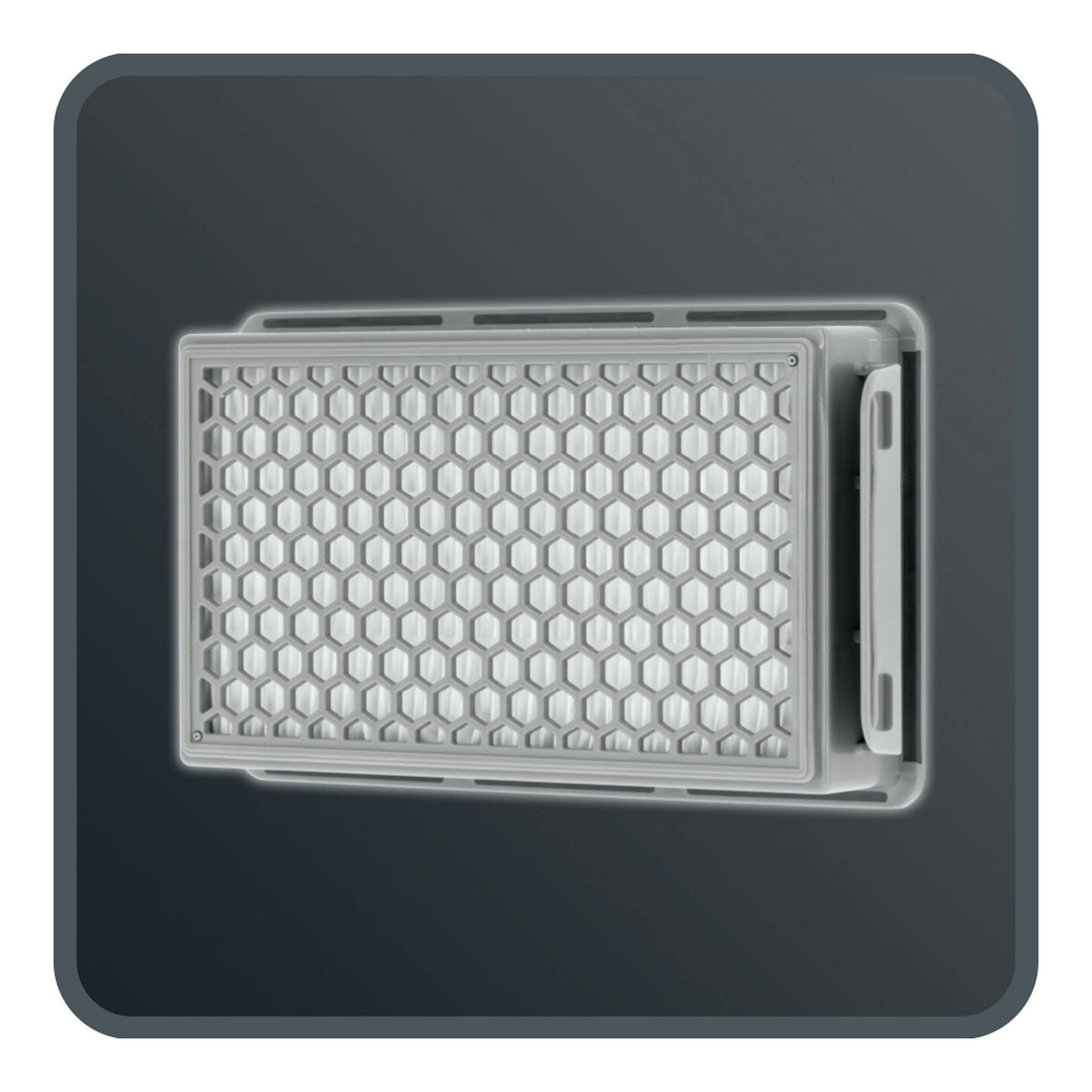 Rowenta Compact Power RO3969EA, aspirador gris visto de frente con panel frontal de rejilla hexagonal.
