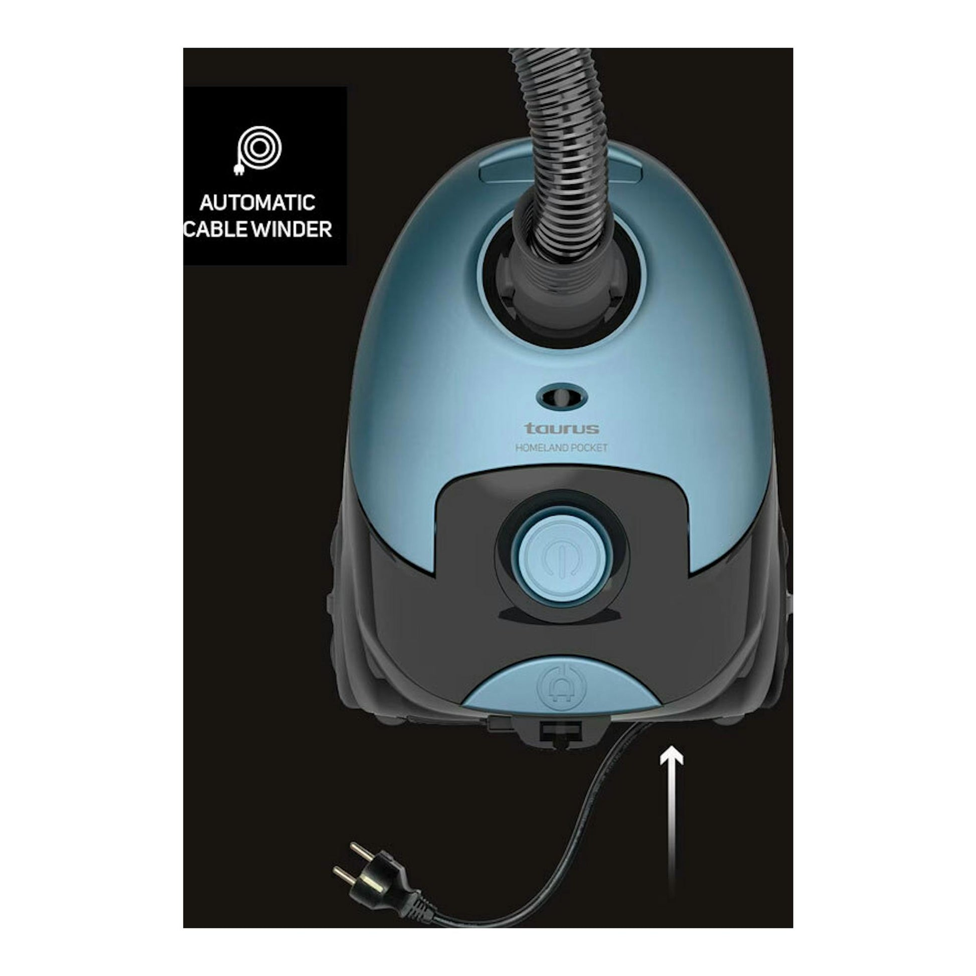 Aspirador con bolsa Taurus Homeland Pocket, vista frontal superior en azul y negro, con manguera y cable.