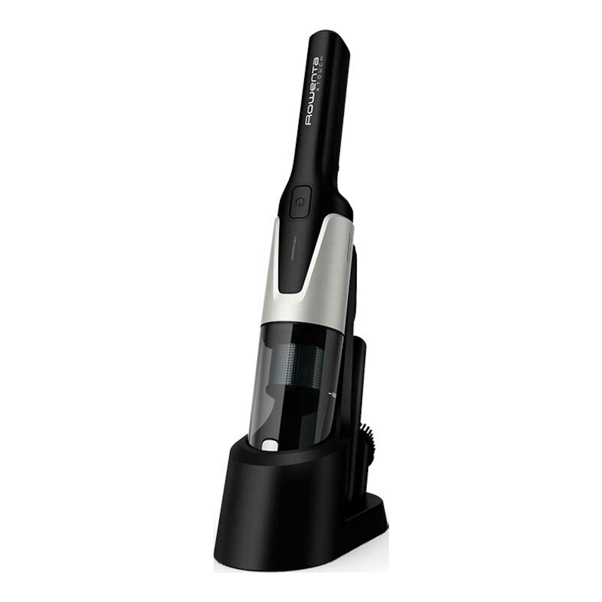 Aspirador de mano Rowenta AC9736WO negro y plateado en base de carga, vista frontal.
