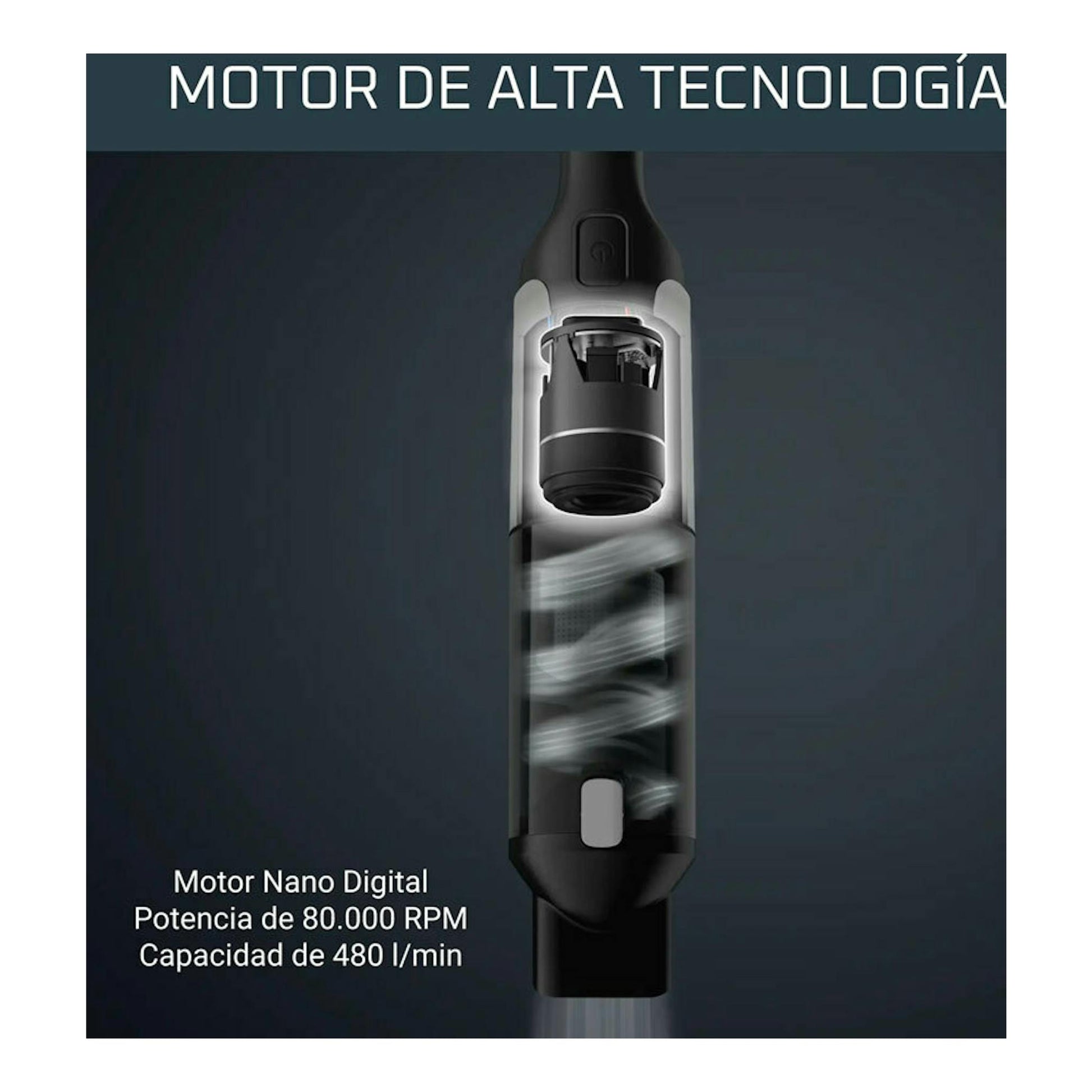 Aspirador de mano Rowenta AC9736WO negro, vista frontal con esquema del motor interno sobre fondo oscuro.