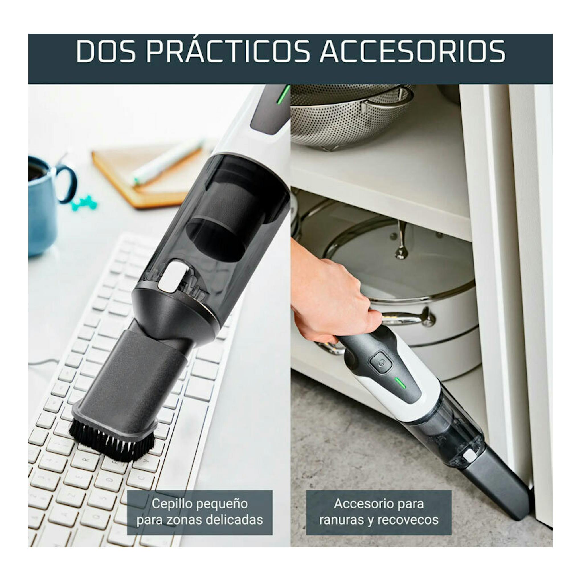 Rowenta AC9736WO, aspirador de mano blanco y negro con cepillo y boquilla para ranuras, sobre teclado y mueble.
