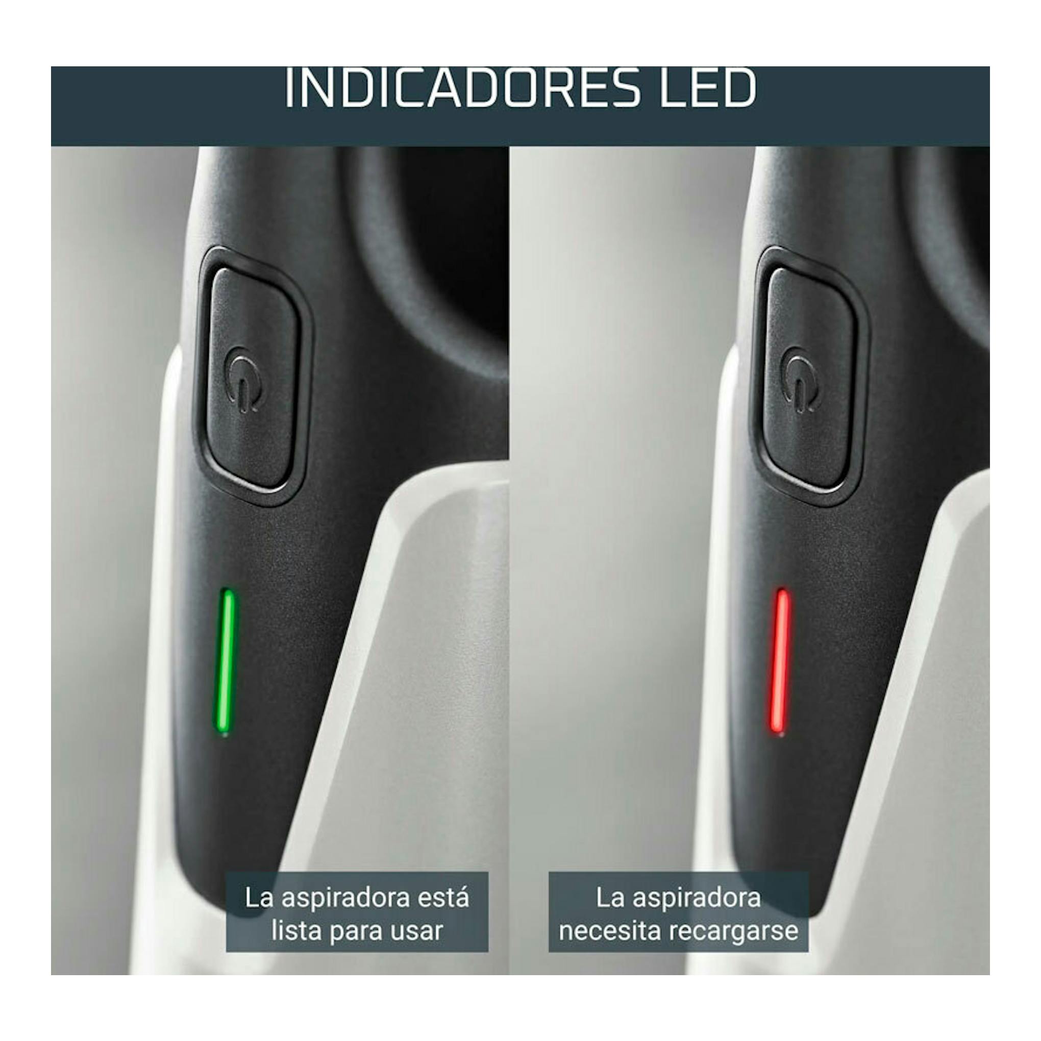 Vista frontal en detalle del aspirador de mano Rowenta AC9736WO con LED verde y rojo junto al botón.