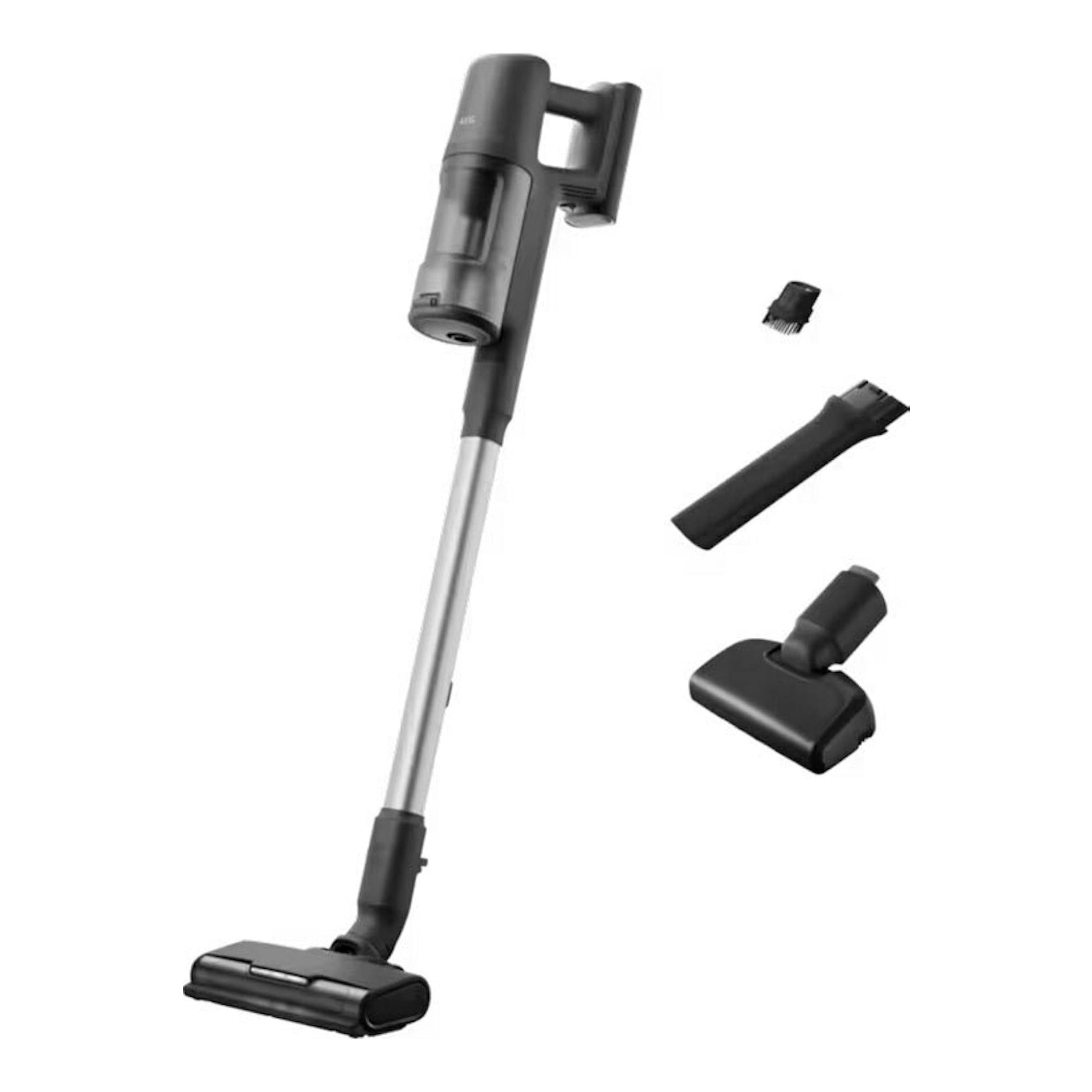 Aspirador escoba AEG AP61AB21DG negro y gris, vista frontal con accesorios.