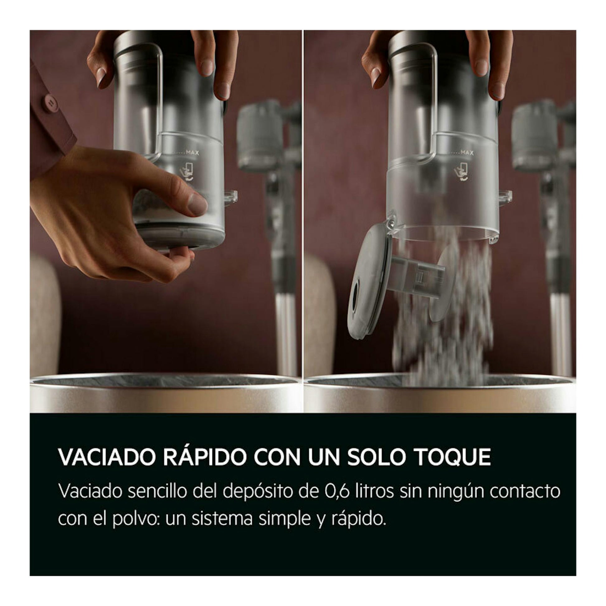 AEG AP61AB21DG: depósito transparente de aspirador escoba vaciándose sobre una papelera, vista frontal en dos pasos.