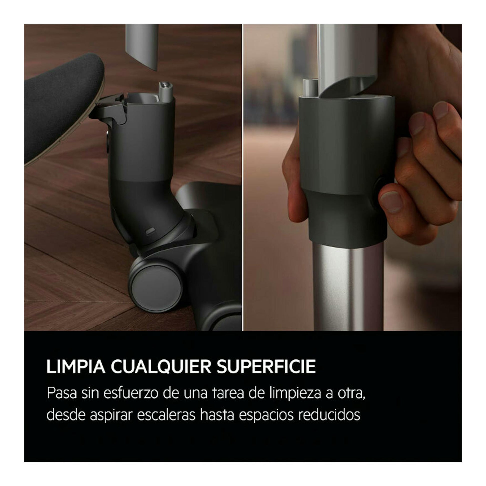Aspirador escoba AEG AP61AB21DG negro y gris, en uso sobre suelo de madera, con primer plano del asa.