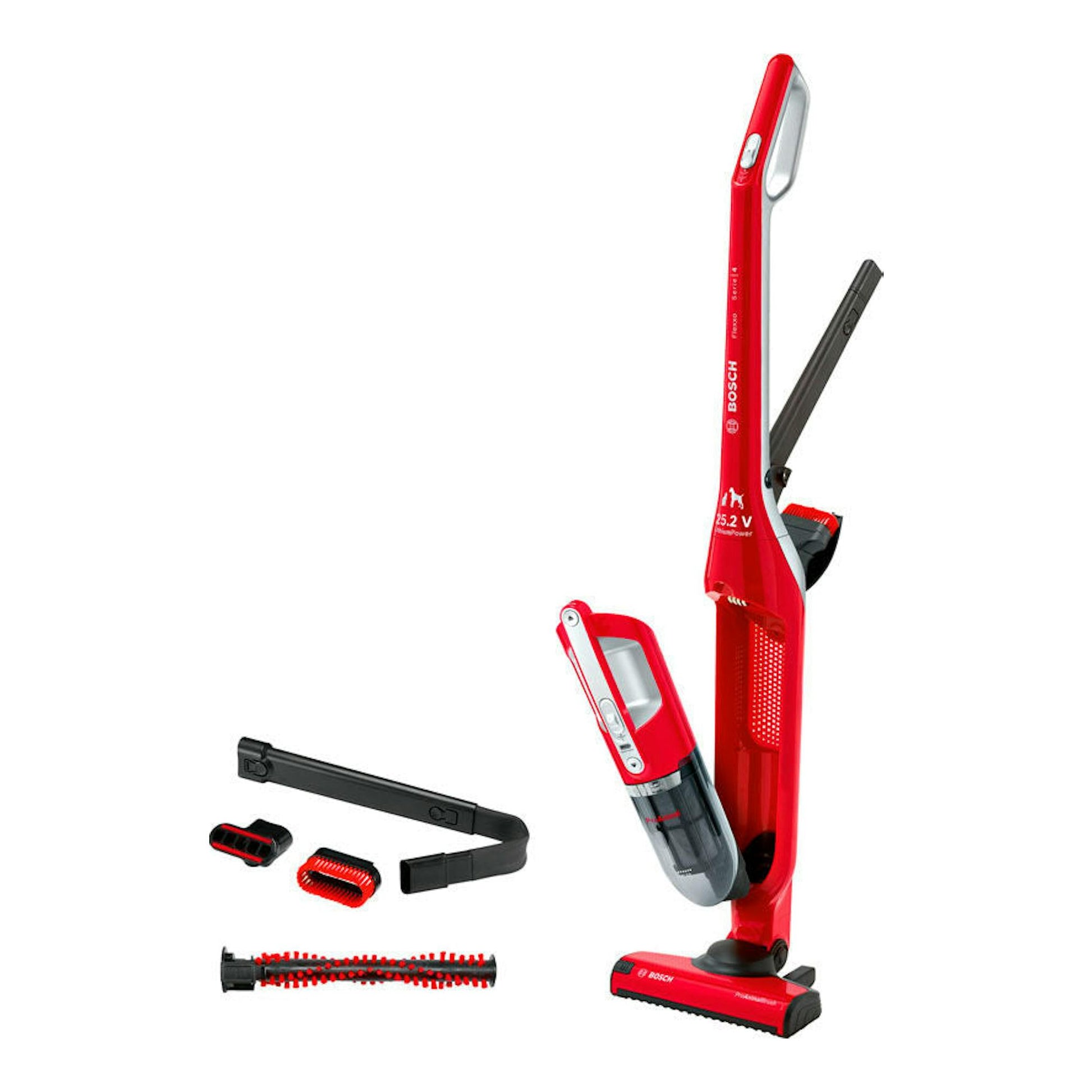 Aspirador escoba Bosch BBH3ZOO25 rojo, vista frontal, con unidad de mano, cepillo y accesorios sobre fondo blanco.