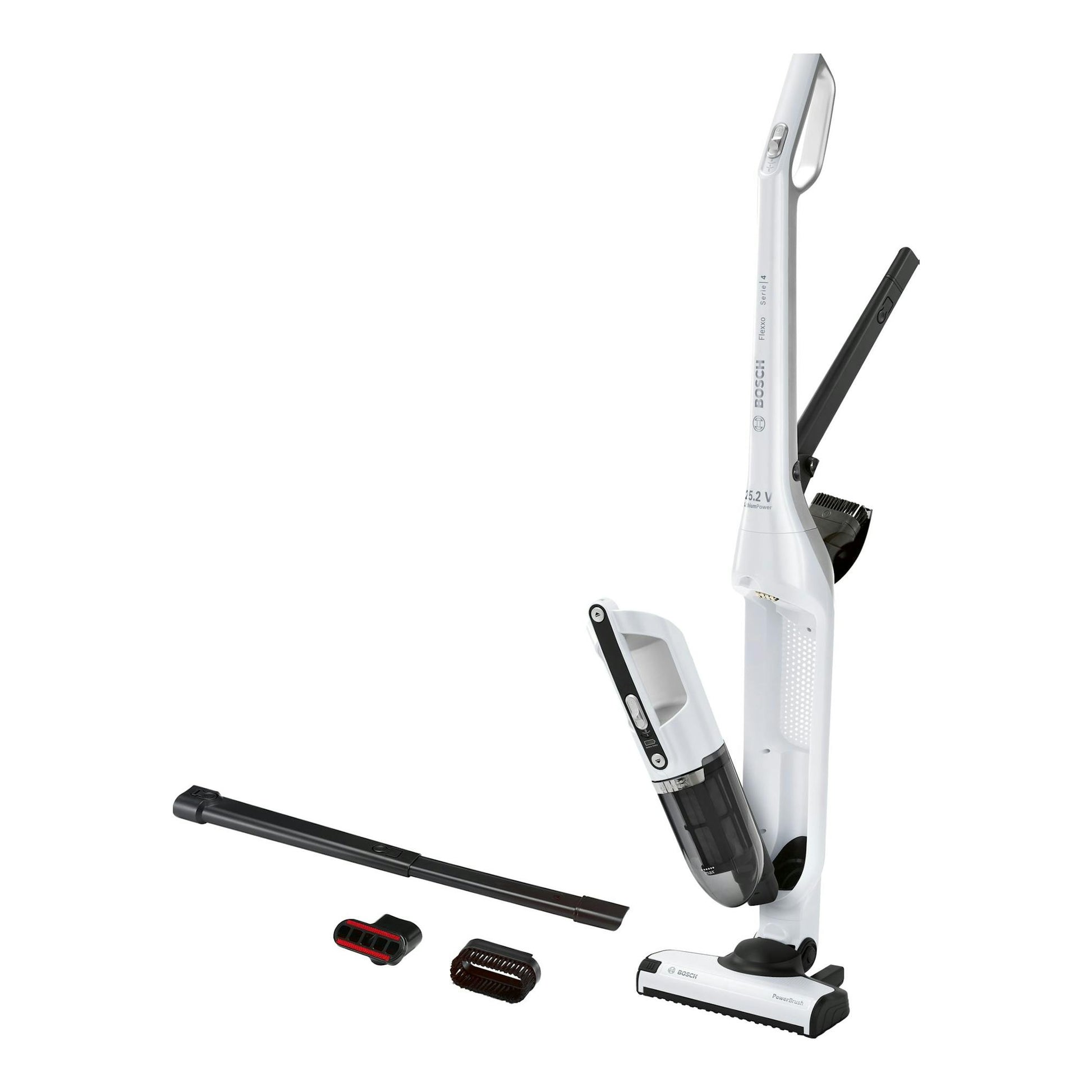 Aspirador escoba Bosch Flexxo Serie 4 BBH32551 blanco y negro, vista frontal con accesorios sobre fondo blanco