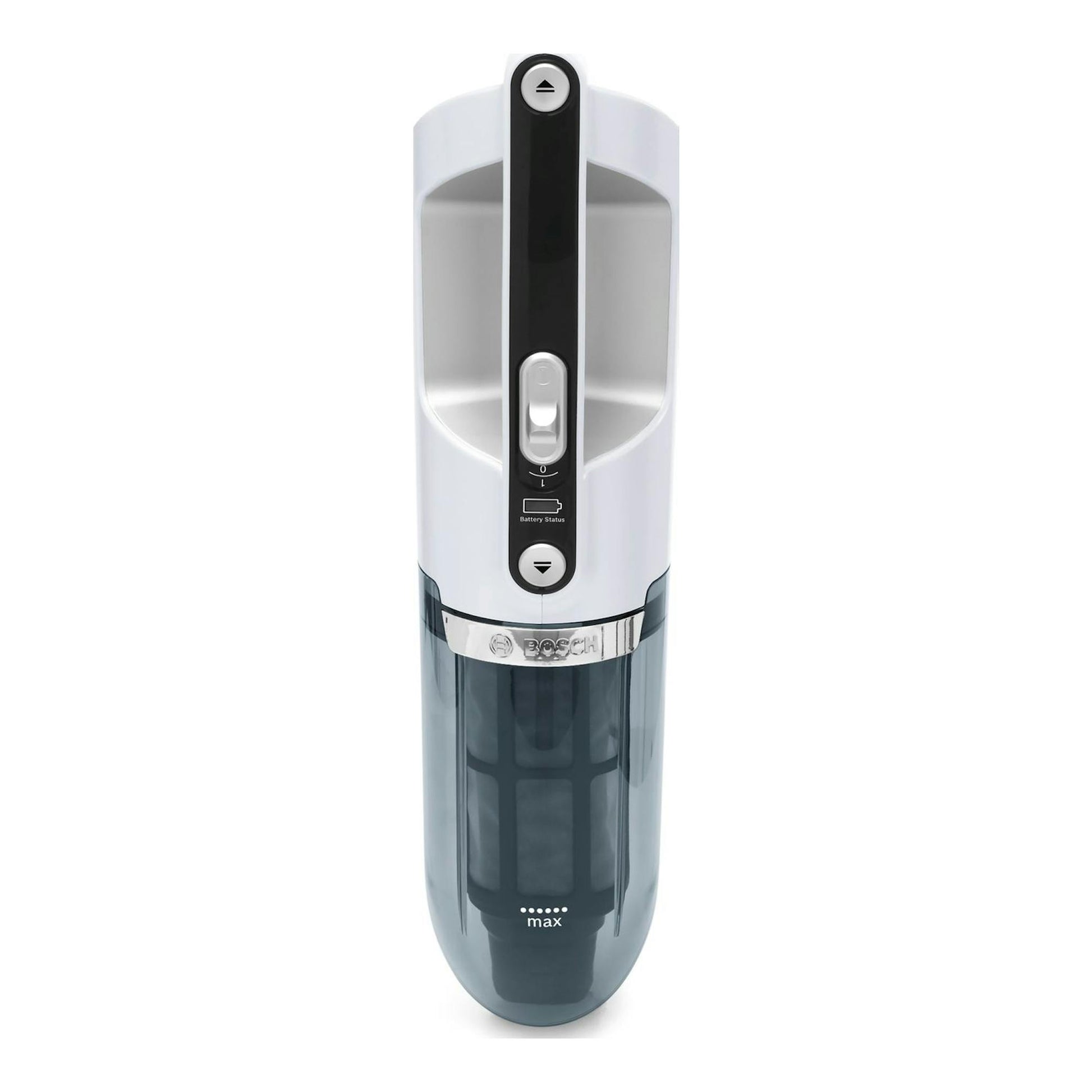 Aspirador escoba Bosch Flexxo BBH32551 blanco, vista frontal sobre fondo blanco.