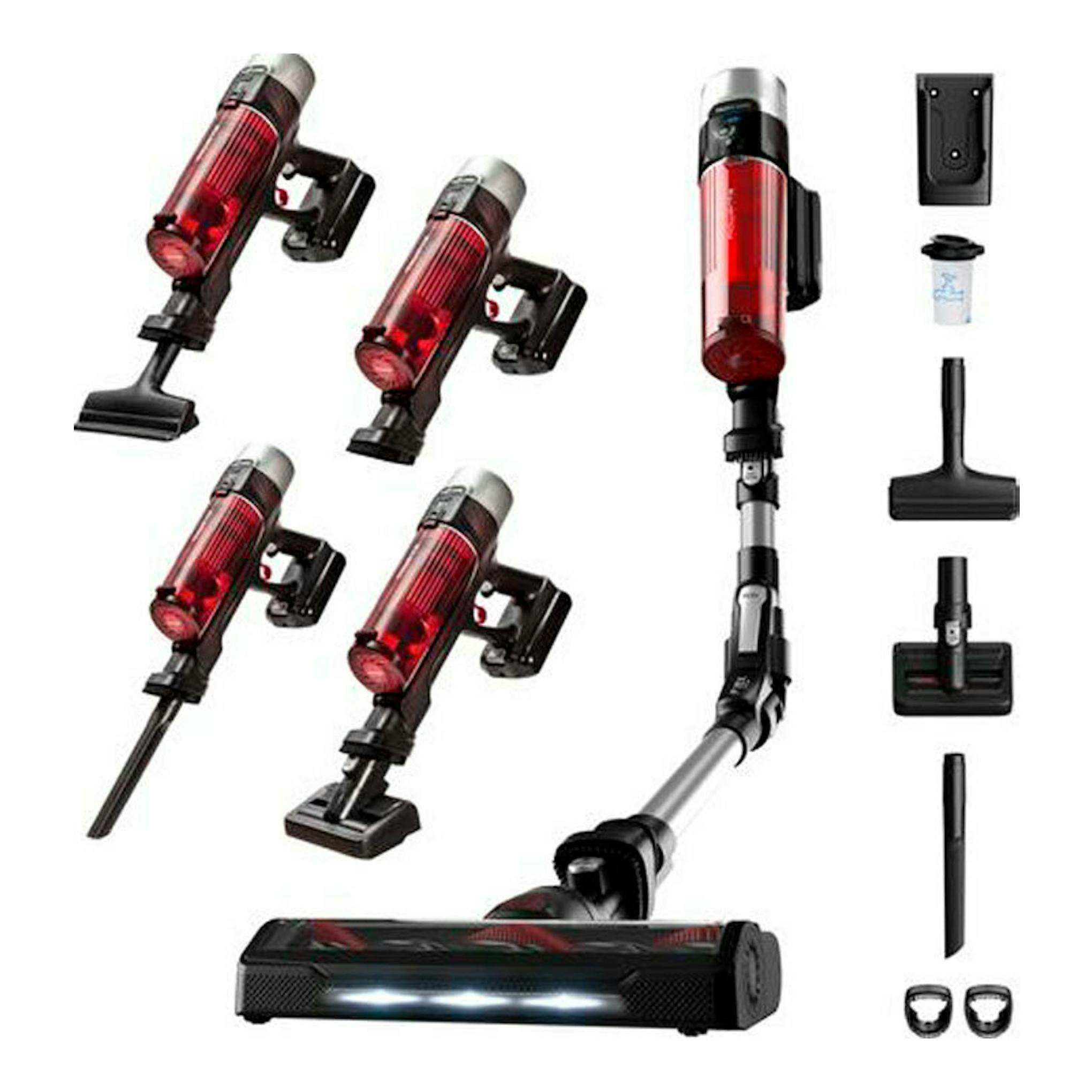 Aspirador escoba Rowenta RH2077WO rojo y negro, vista frontal y en varias posiciones con accesorios.