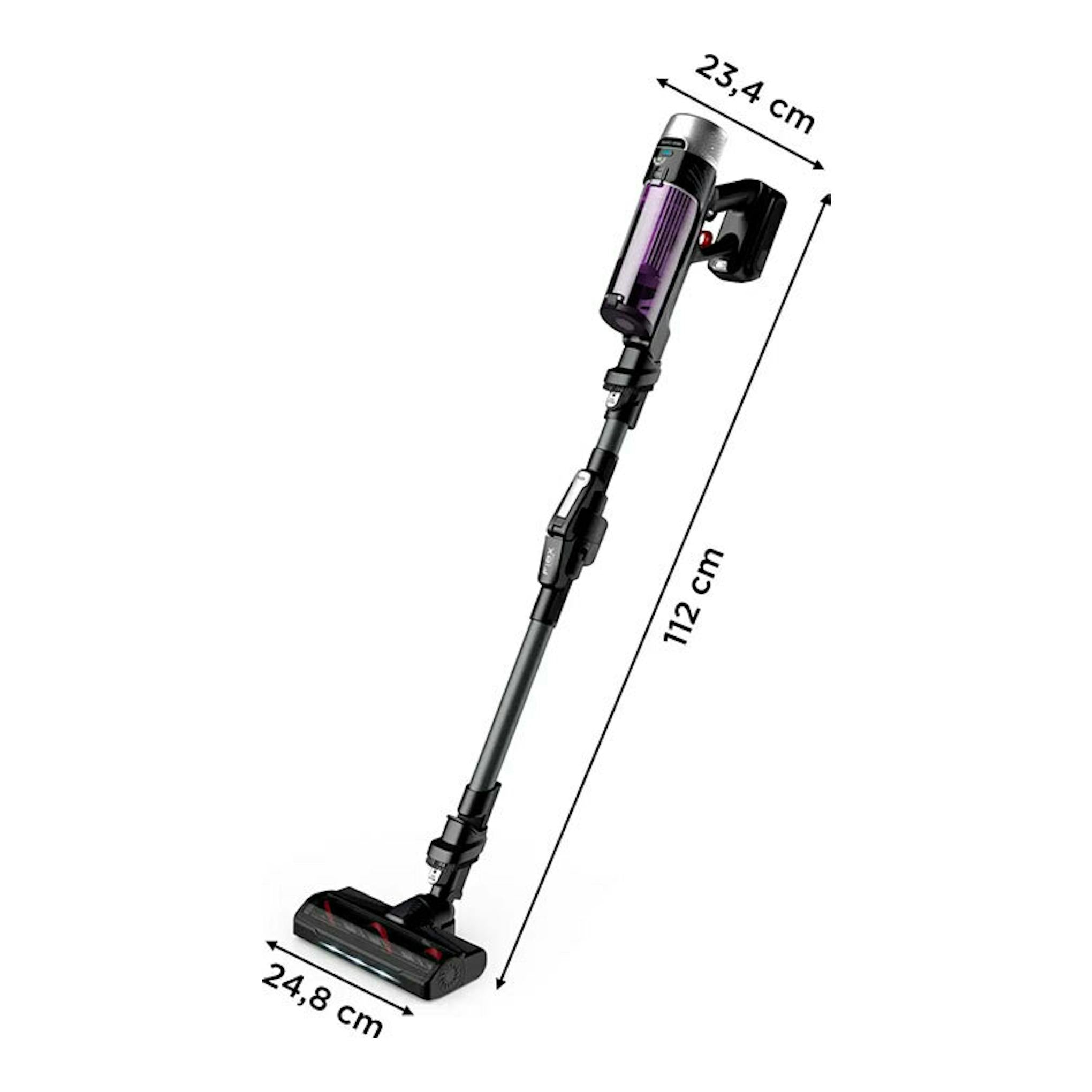 Aspirador escoba Rowenta RH2077WO negro y morado, vista lateral, con medidas 112 x 24,8 x 23,4 cm.