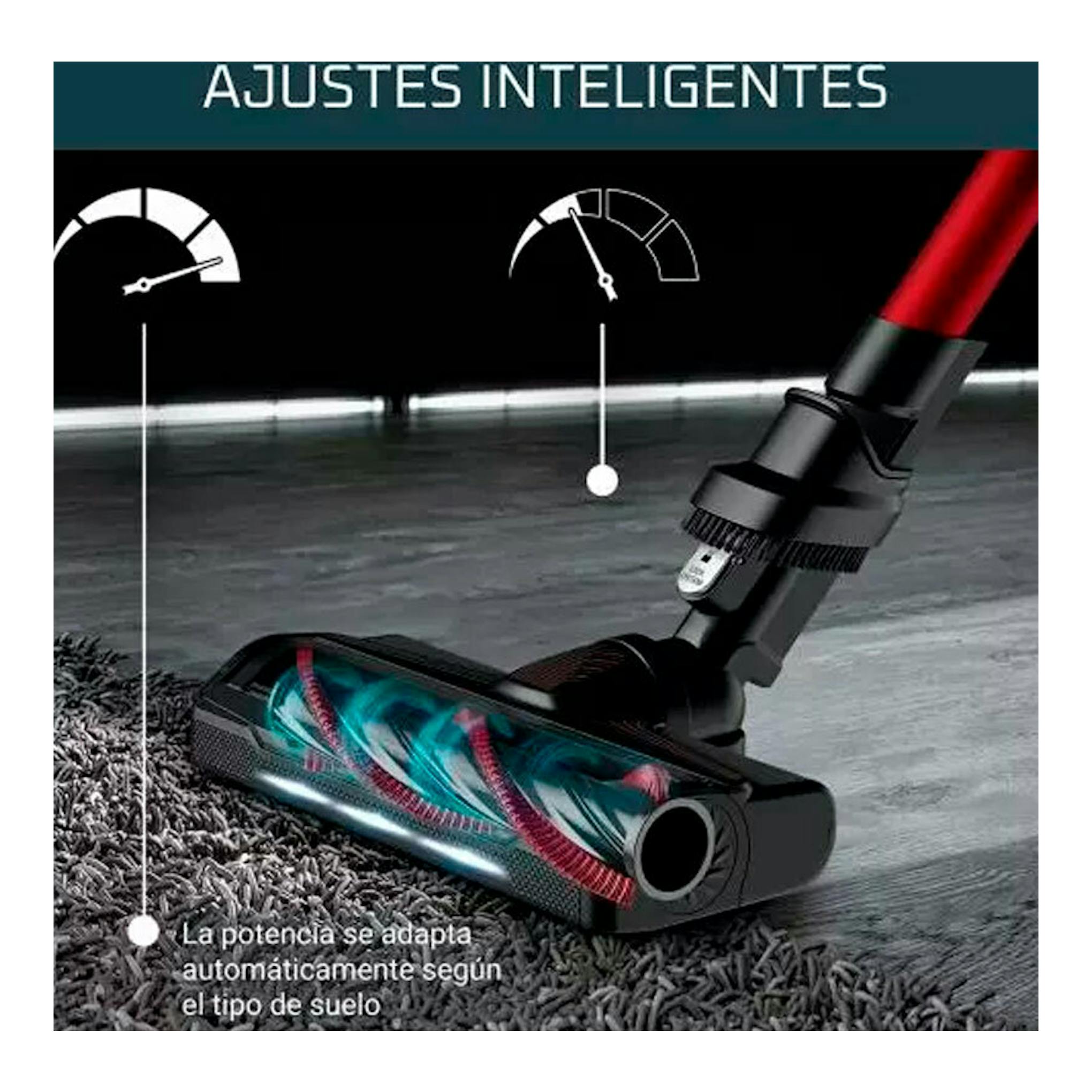 Aspirador escoba Rowenta RH2077WO, vista en diagonal del cepillo negro y rojo sobre alfombra, con texto de ajustes.