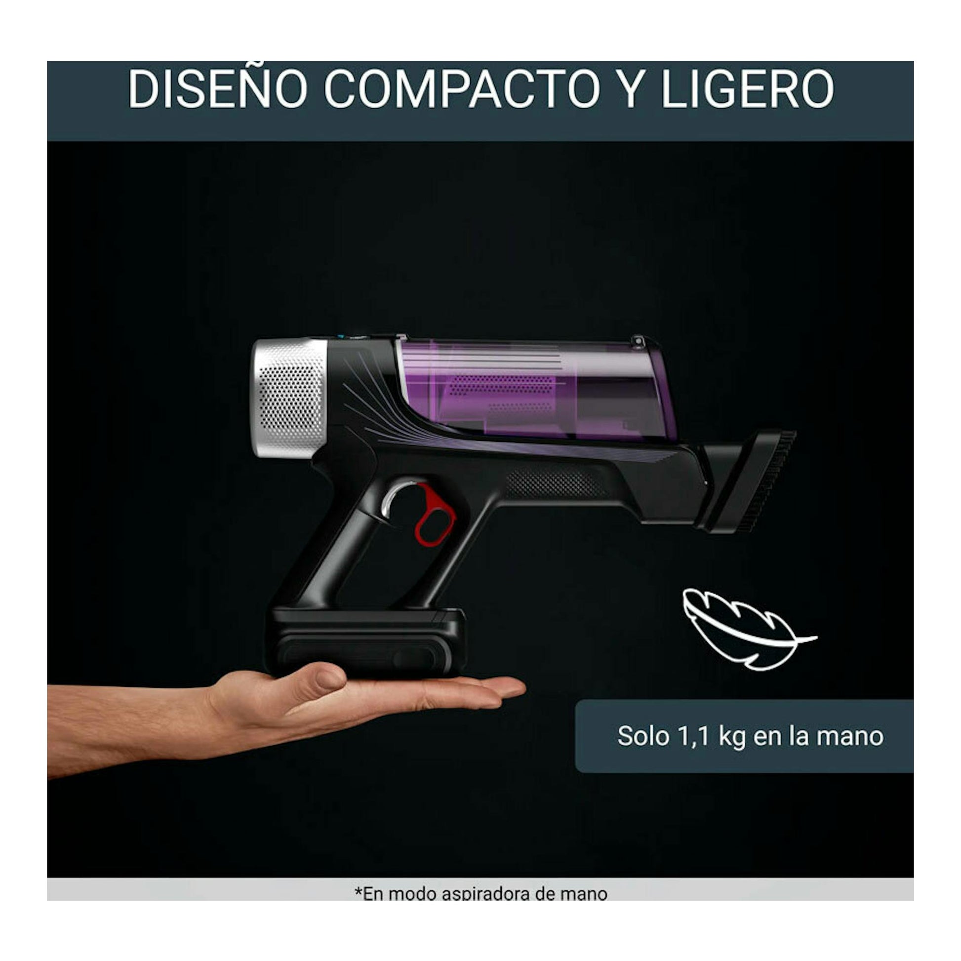 Aspirador escoba Rowenta RH2077WO negro y morado, visto de perfil sobre una mano, con texto de 1,1 kg.