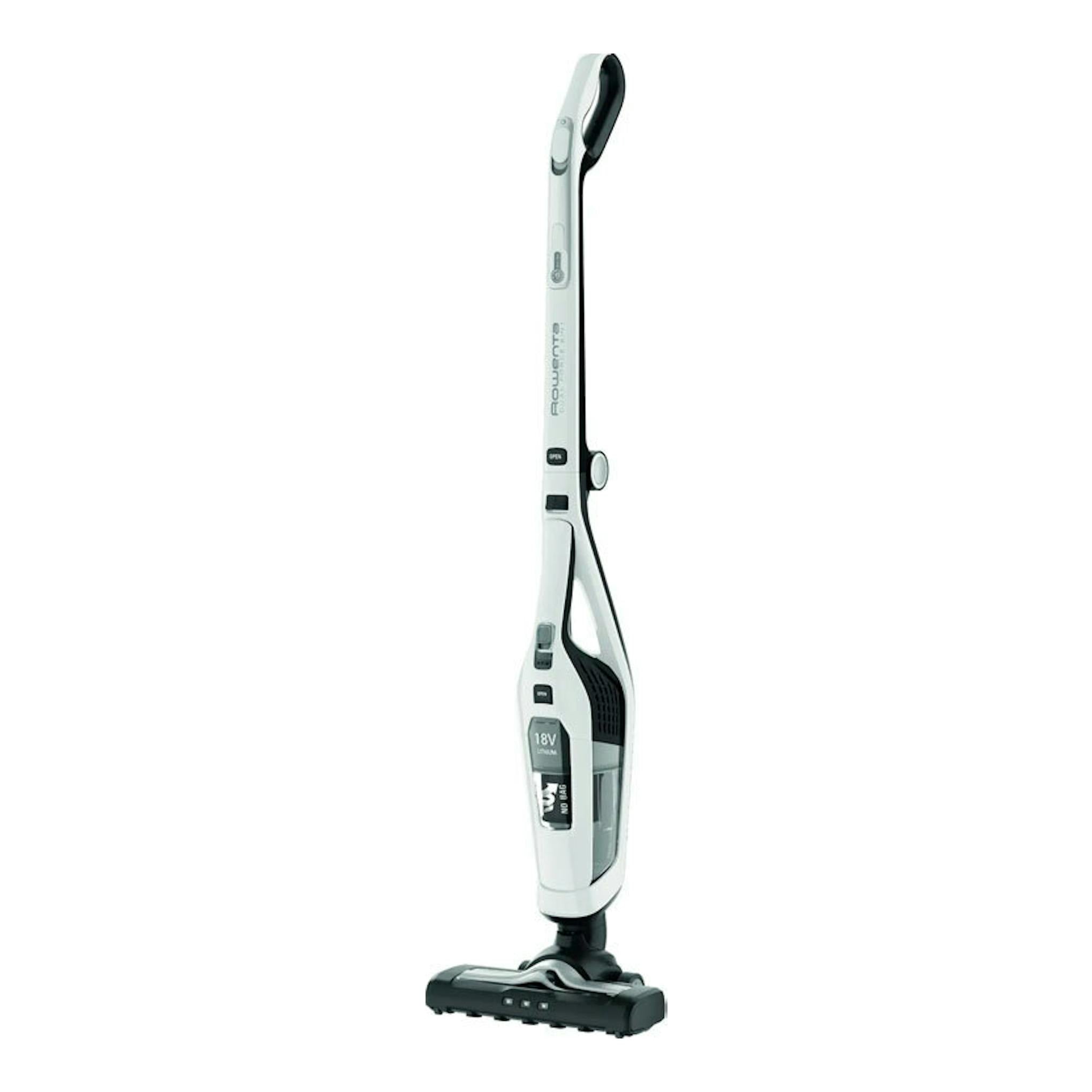 Rowenta RH6737WH, aspirador escoba blanco y negro, vista frontal sobre fondo blanco.