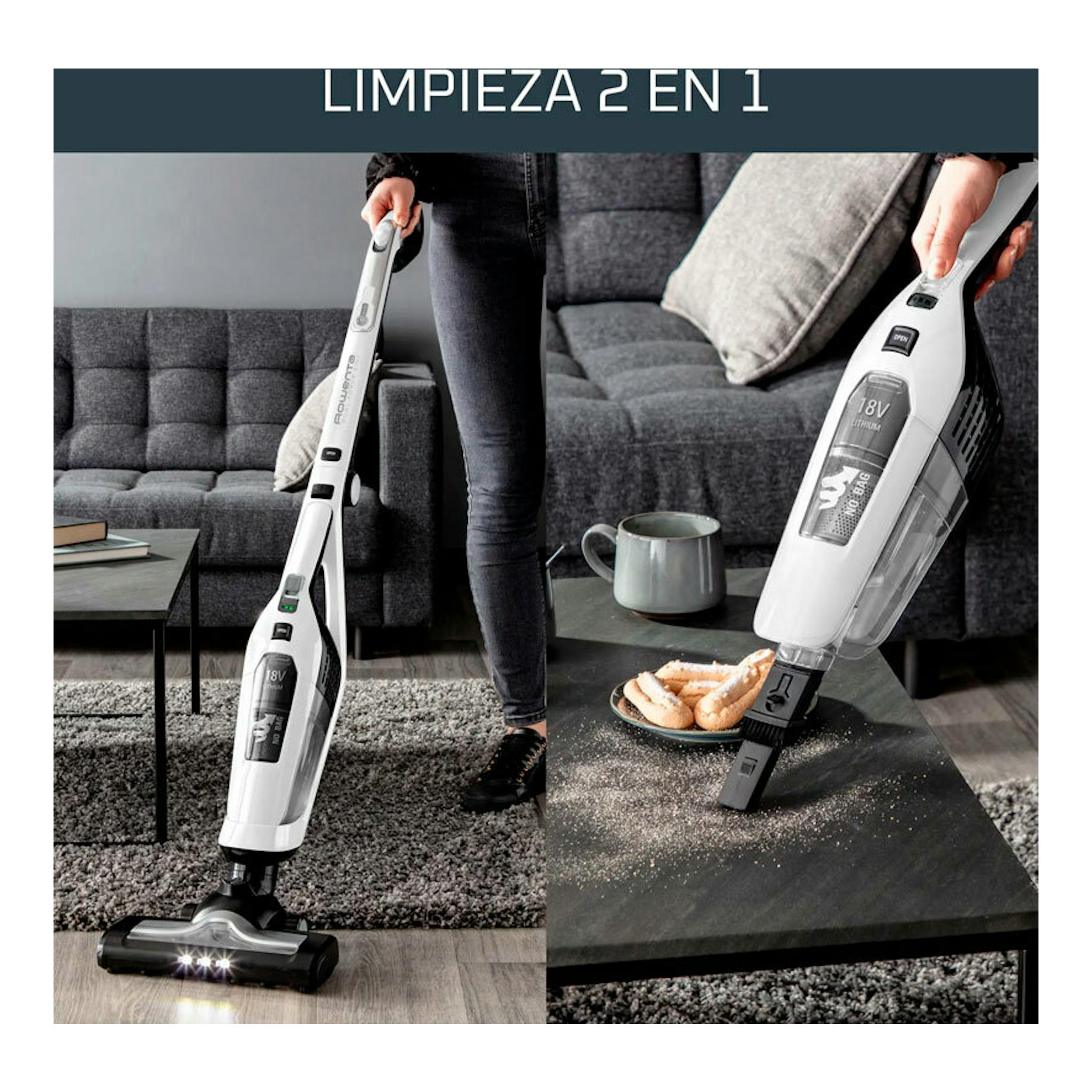 Aspirador escoba Rowenta RH6737WH blanco 2 en 1, en uso sobre alfombra y mesa en un salón.