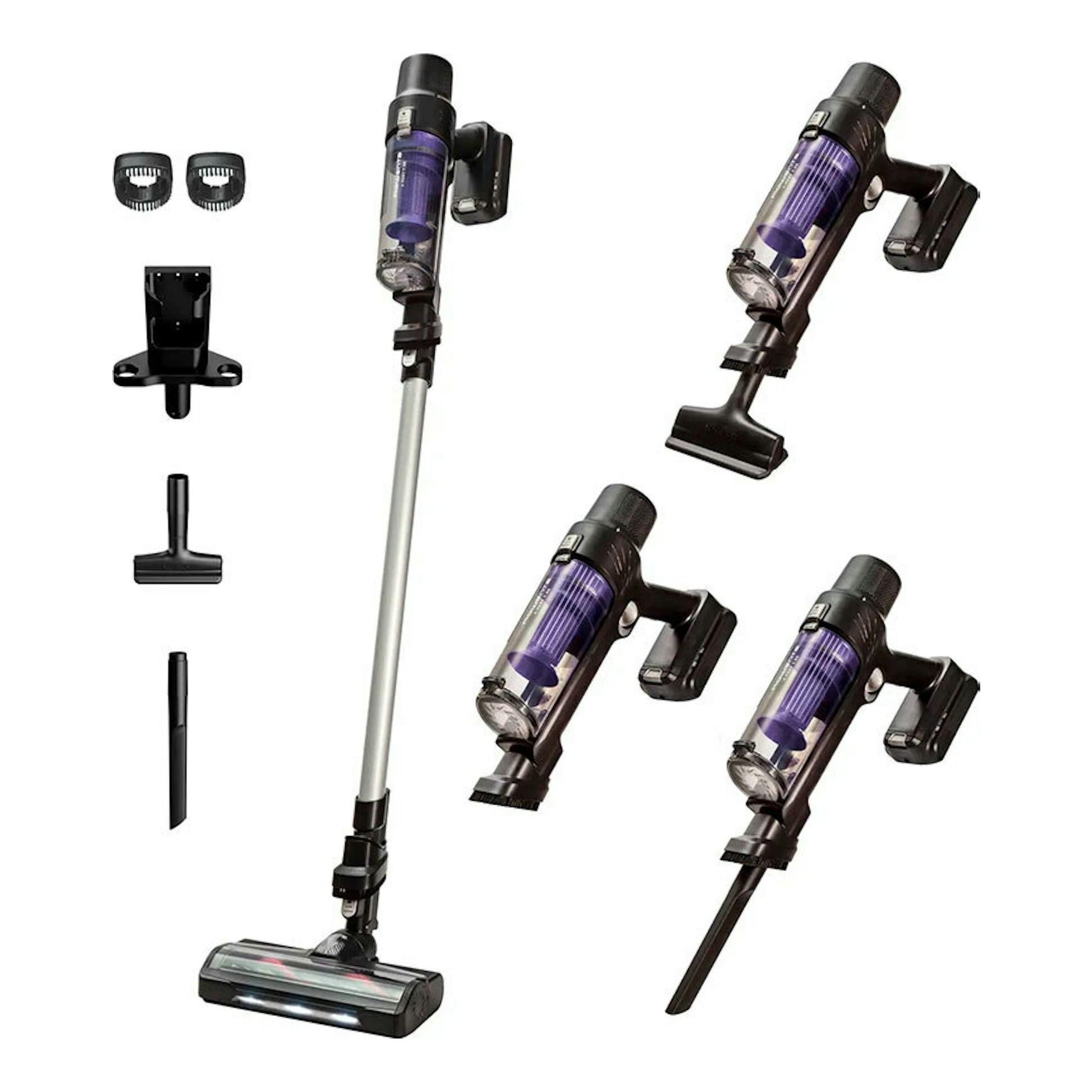 Aspirador escoba Rowenta RH6A35WO negro y morado, con accesorios, en vista frontal y tres cuartos.