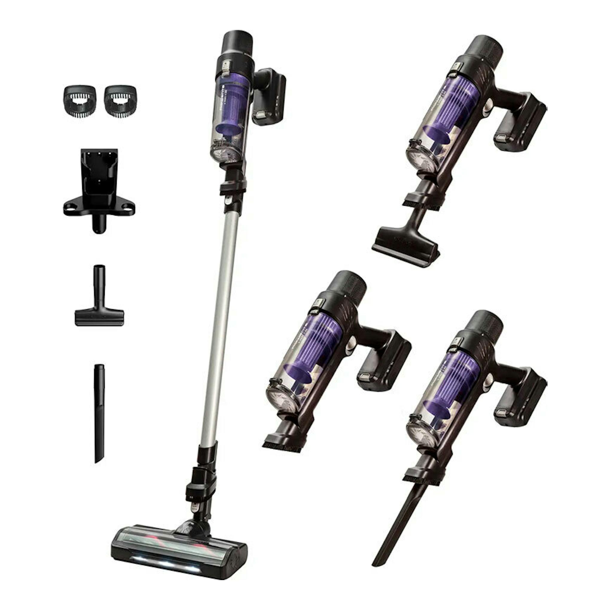 Aspirador escoba Rowenta RH6A35WO negro y morado, con accesorios, en vista frontal y tres cuartos.