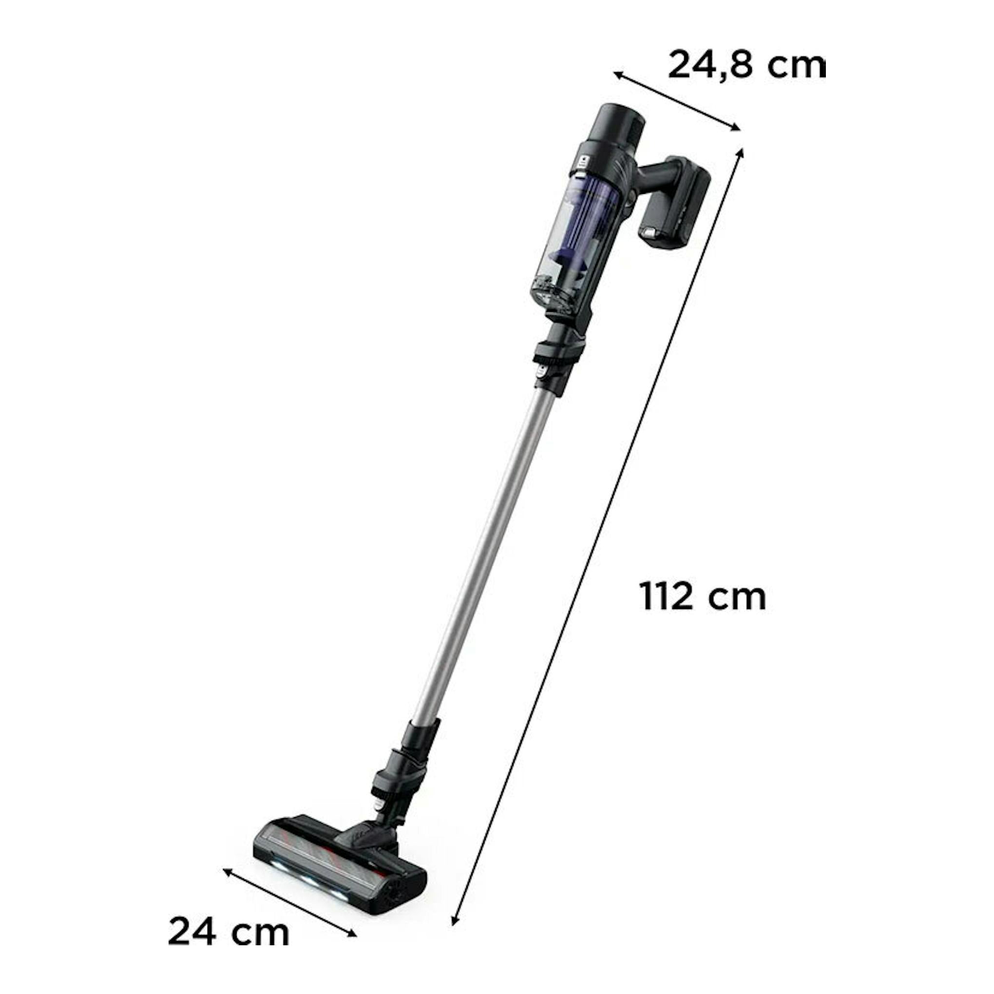 Aspirador escoba Rowenta RH6A35WO negro y gris, en vista diagonal, con medidas 112 cm, 24,8 cm y 24 cm.