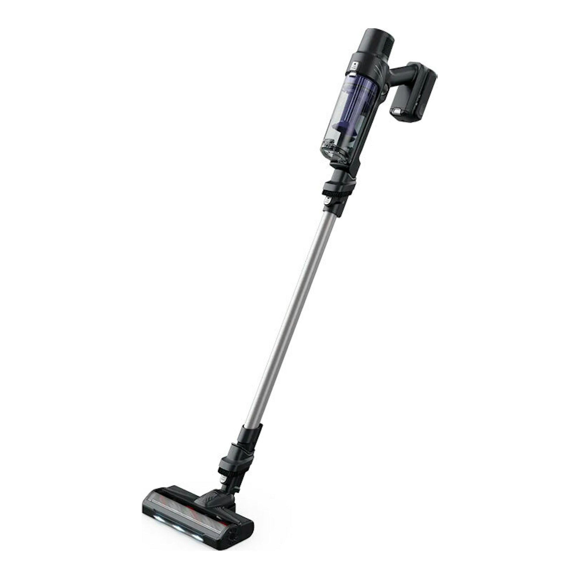 Aspirador escoba Rowenta RH6A35WO negro y plata, vista frontal en fondo blanco.