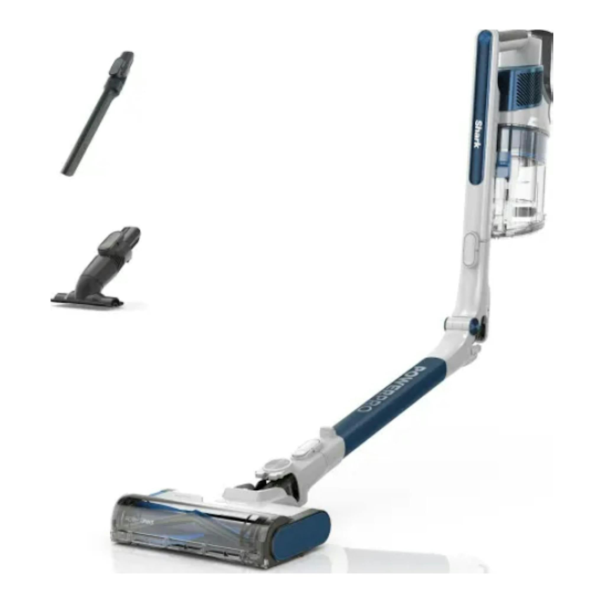 Aspiradora escoba Shark PowerPro IZ380EU, blanca y azul, con accesorios, vista frontal sobre fondo blanco.