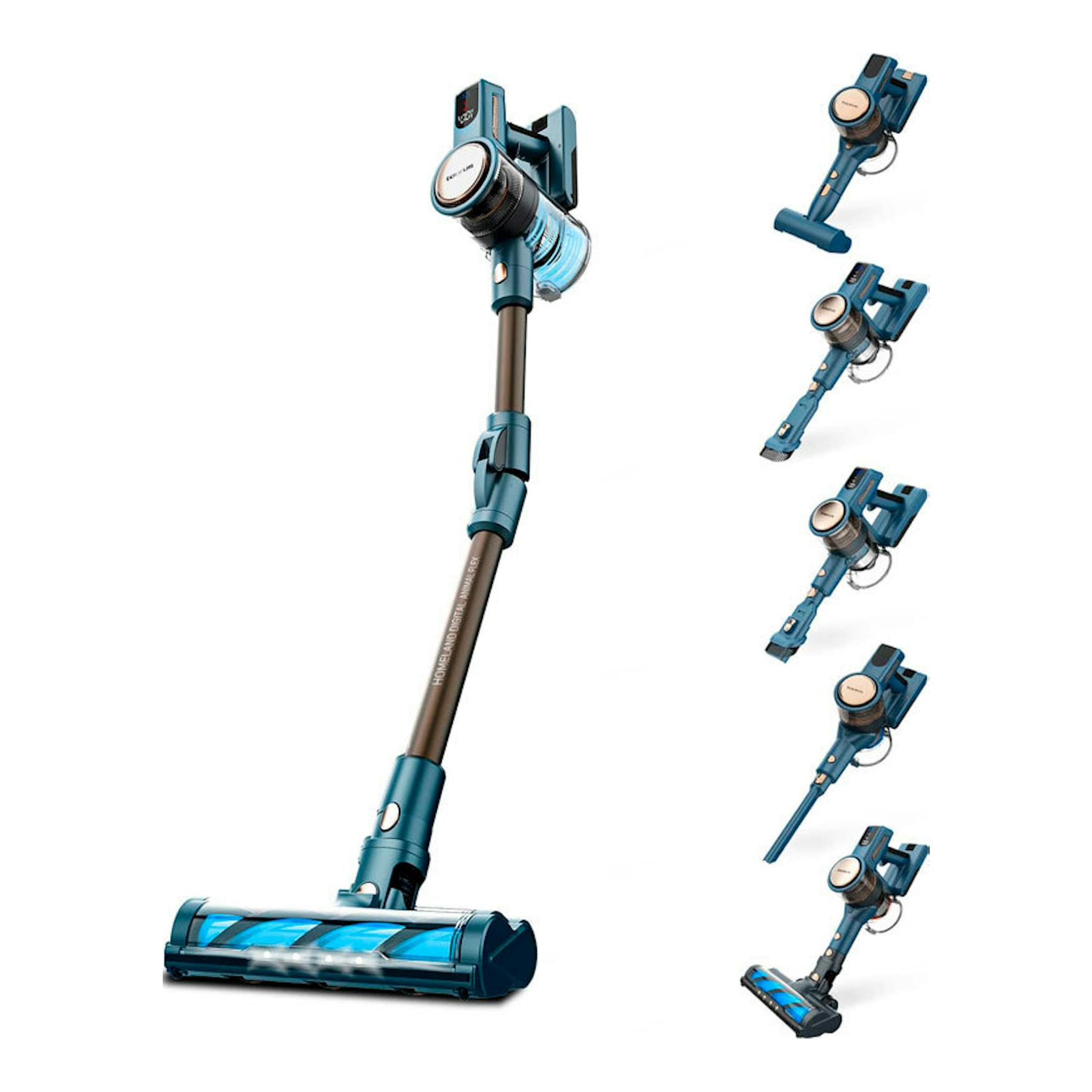 Aspirador escoba Taurus Homeland Digital Animal Flex azul en vista frontal, con varios accesorios.