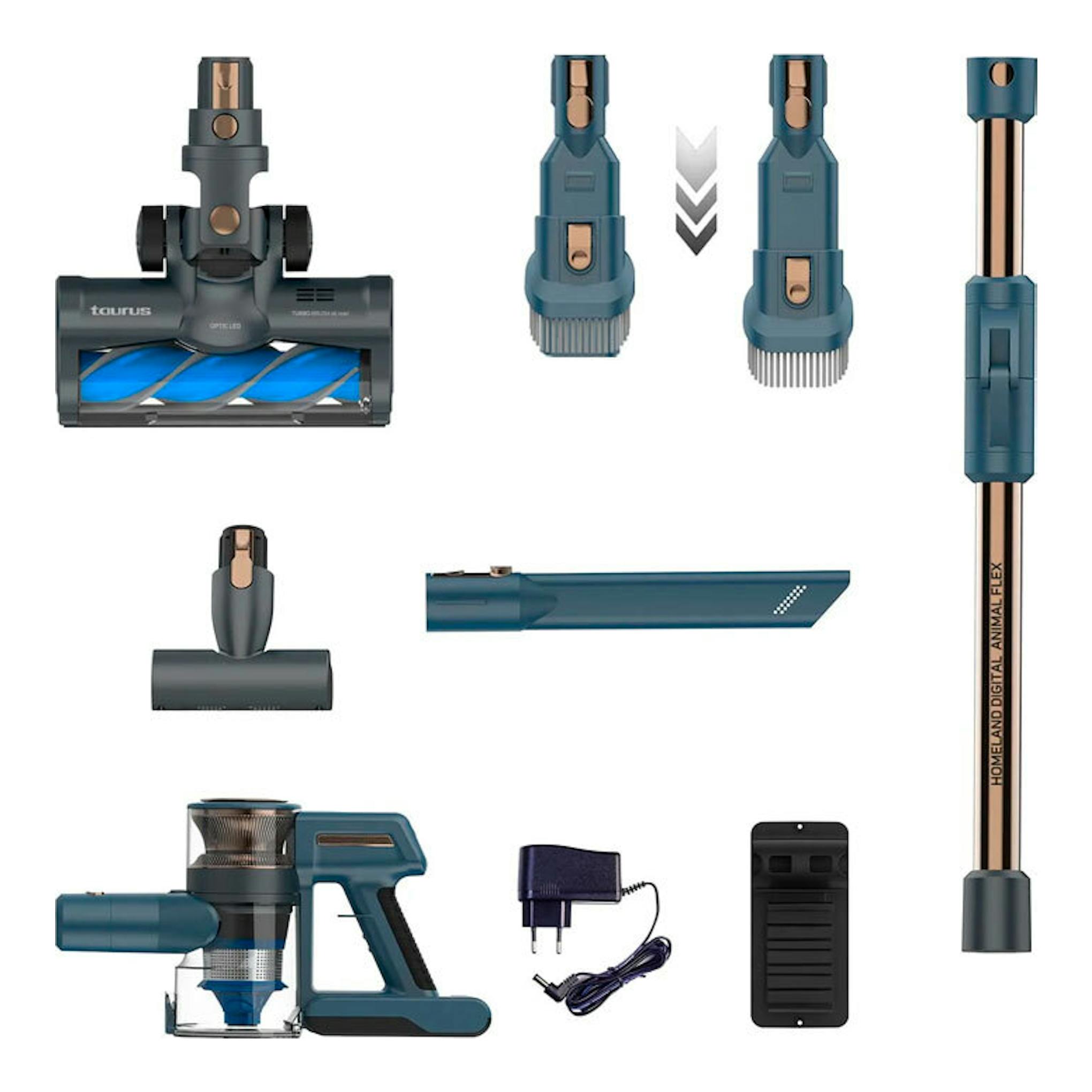 Aspirador escoba Taurus Homeland Digital Animal Flex azul, con accesorios y vista frontal/desmontada.