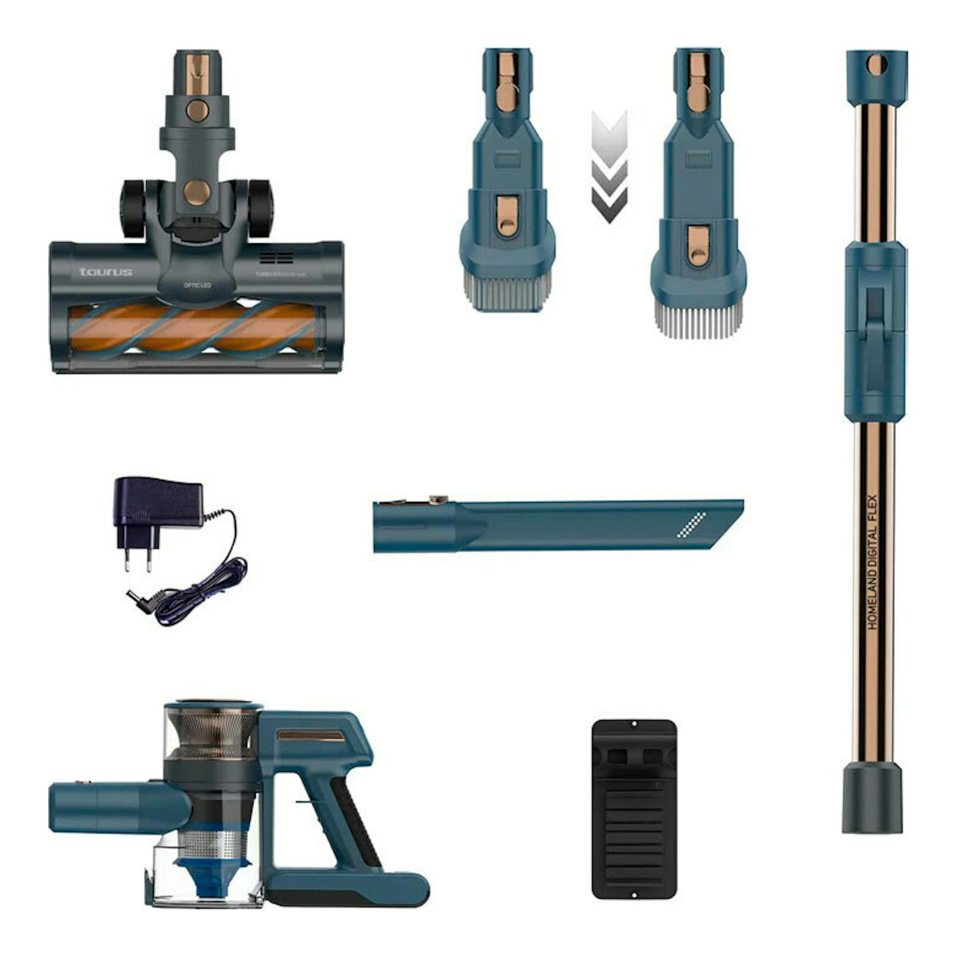 Aspirador escoba Taurus Homeland Digital Flex azul, con accesorios y base, en vista frontal.