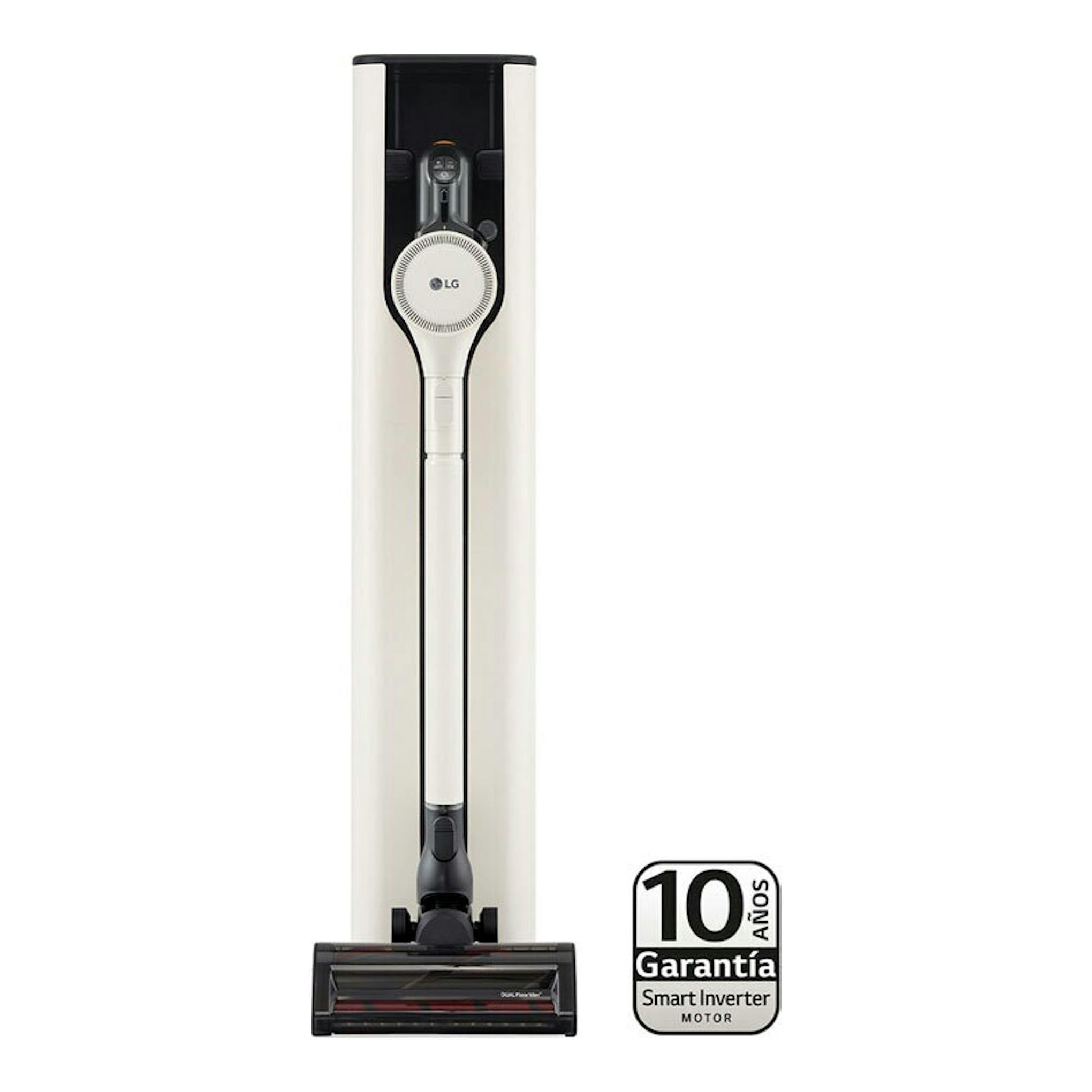 Aspirador LG A9T-PRIME1C blanco, vista frontal, colocado en su base de carga.