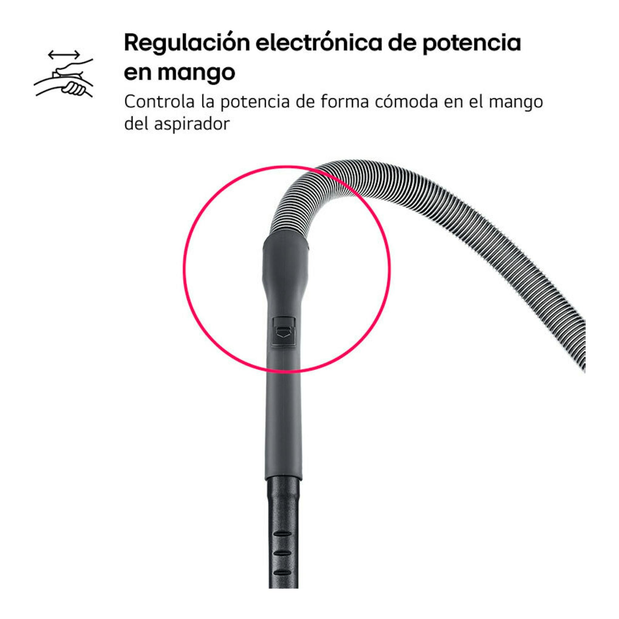 Aspirador LG VC5506NHTB gris mate, vista parcial del mango y manguera con control de potencia.
