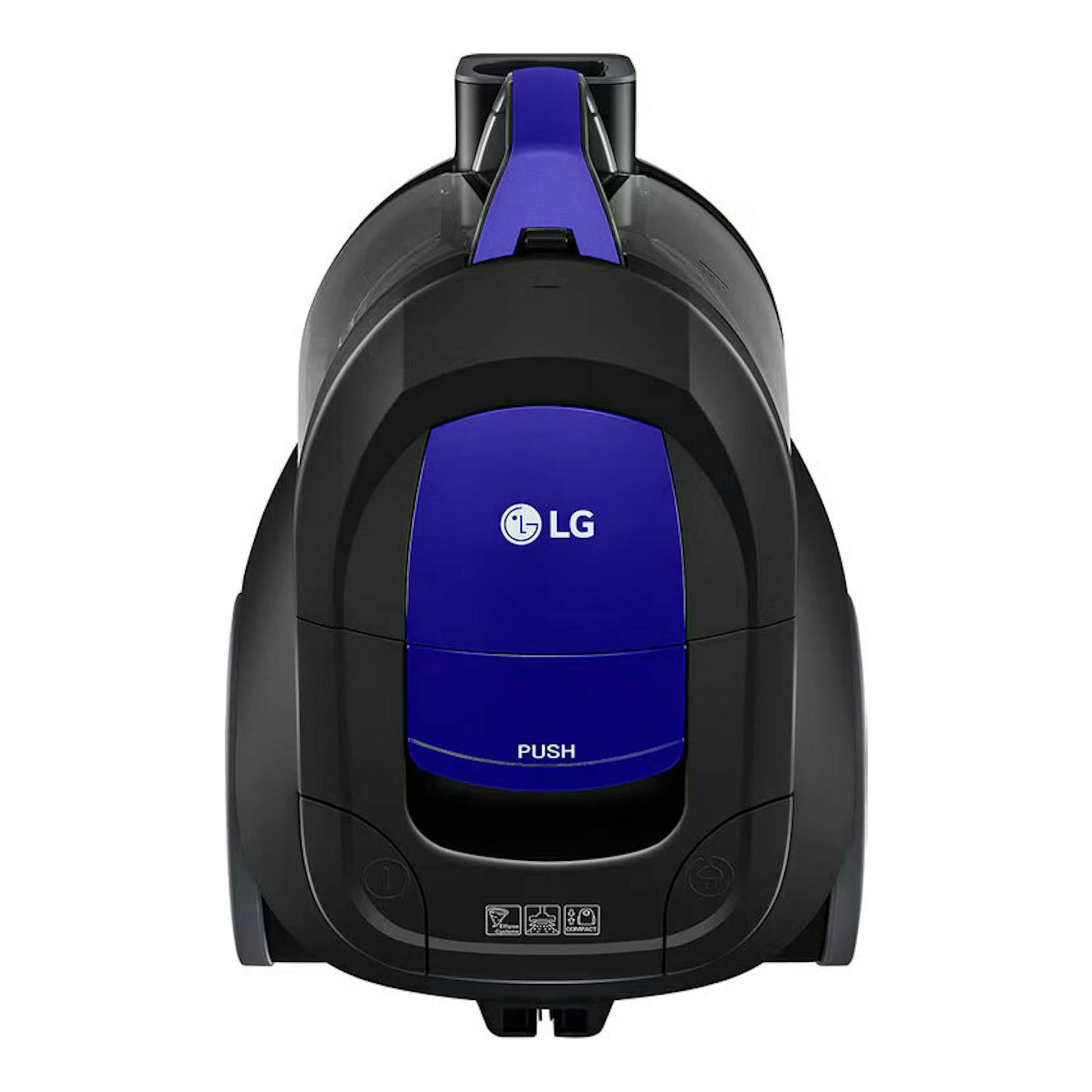 Aspirador LG VC5506NHTB negro mate con panel frontal azul, vista frontal.