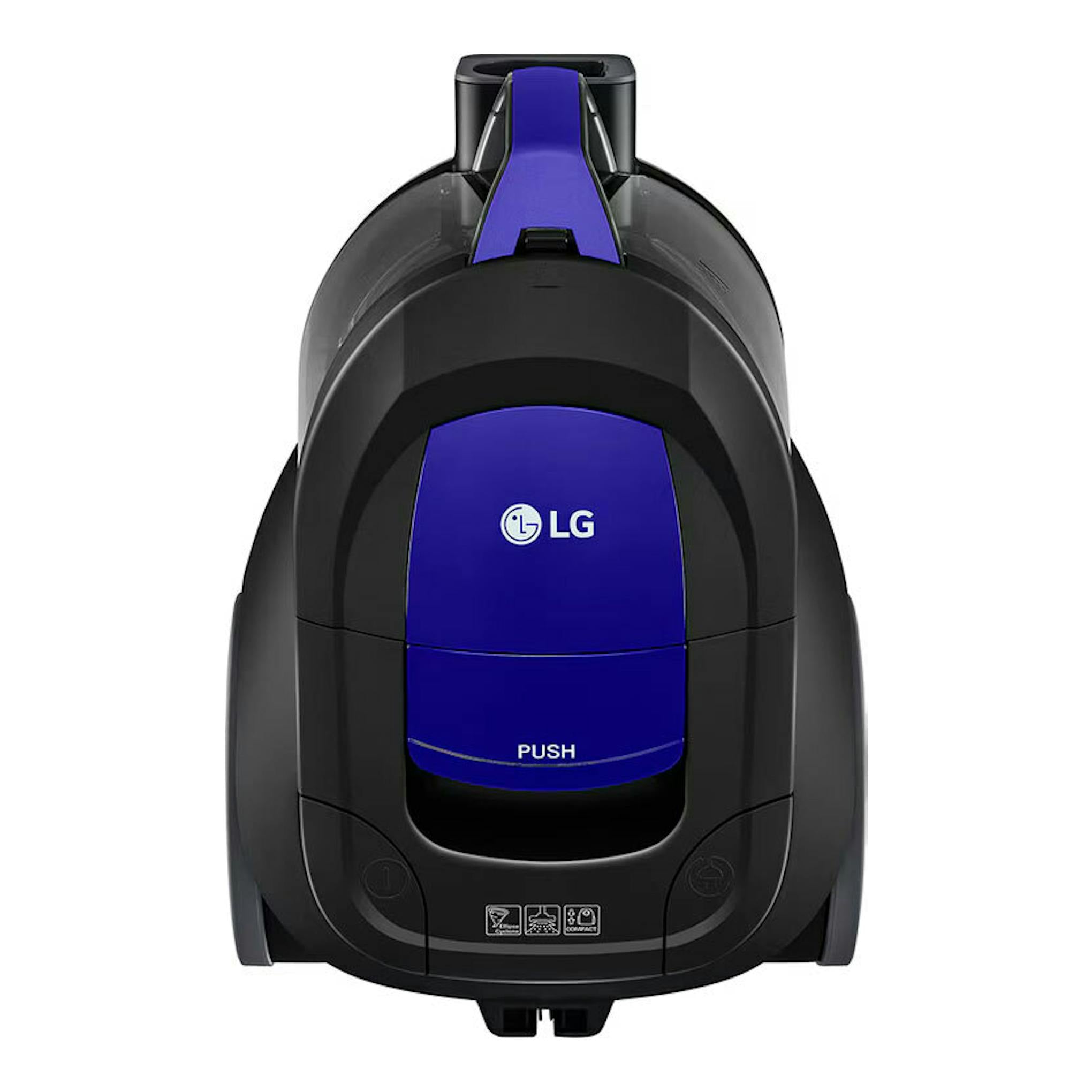 Aspirador LG VC5506NHTB negro mate con panel frontal azul, vista frontal.