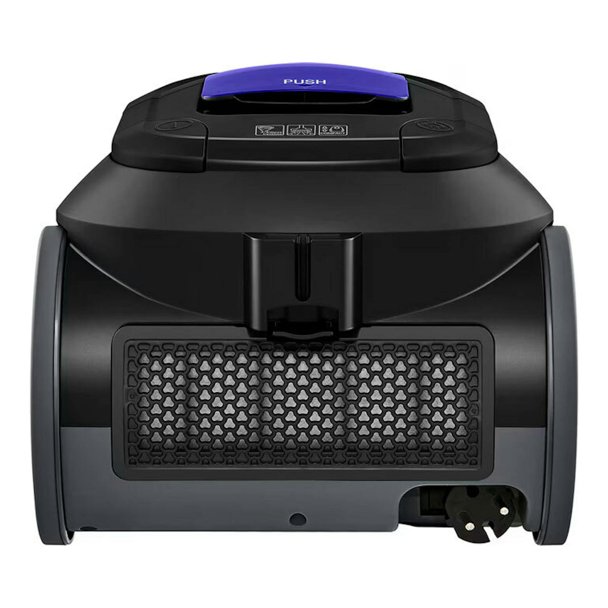 Aspirador LG VC5506NHTB gris mate, vista frontal, con tapa superior morada y rejilla frontal negra.