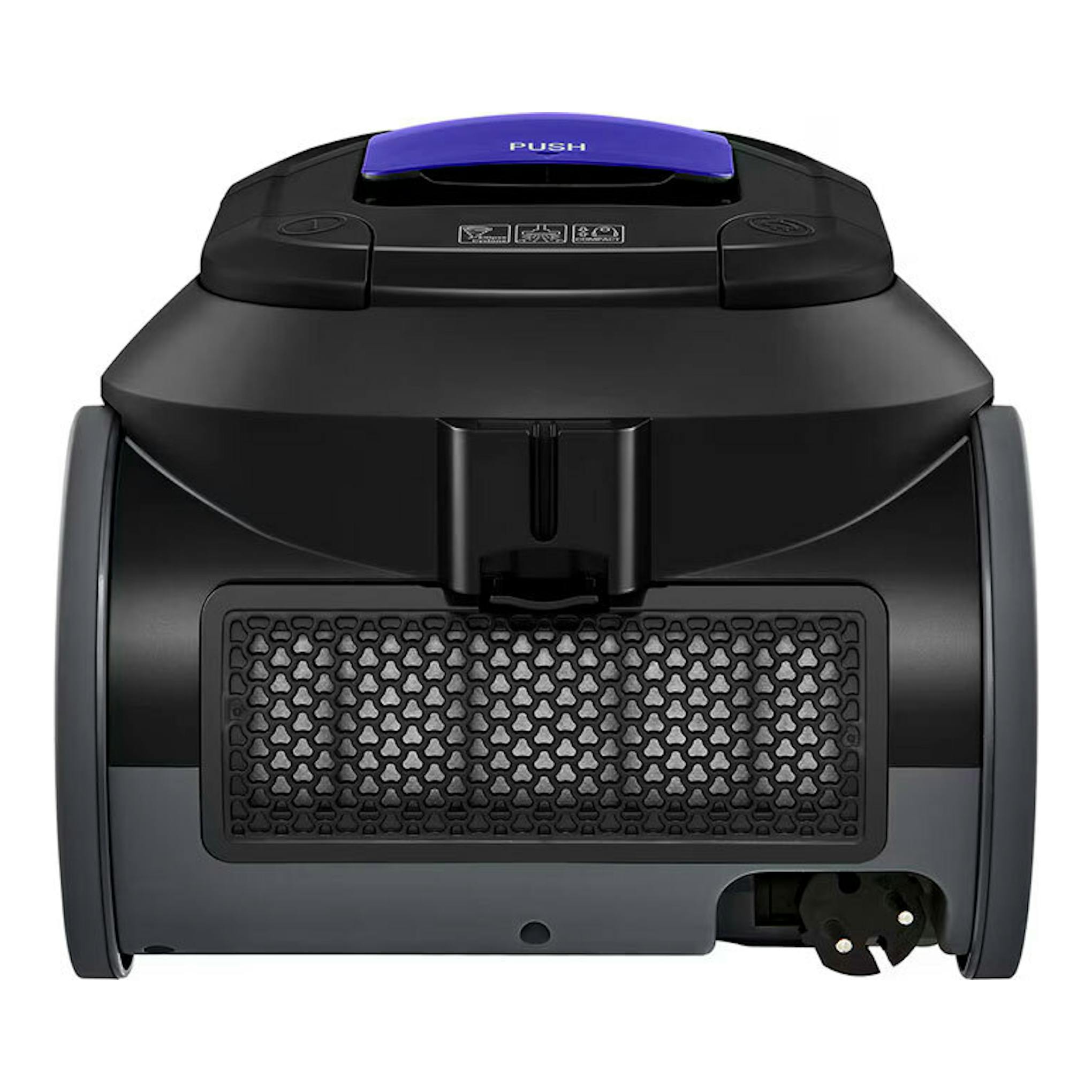 Aspirador LG VC5506NHTB gris mate, vista frontal, con tapa superior morada y rejilla frontal negra.
