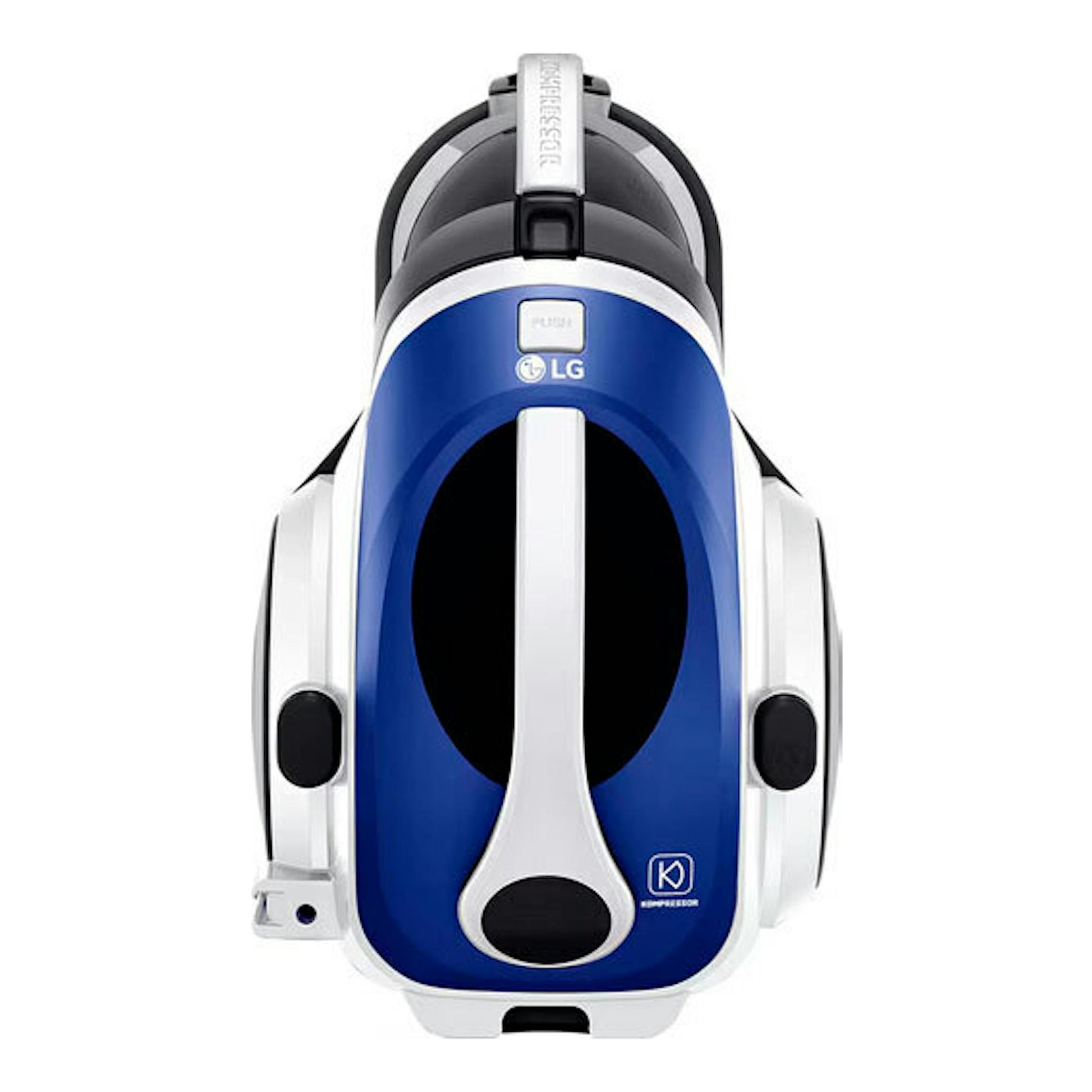 Aspirador LG VK8506NHAC gris mate, vista frontal, cuerpo azul, blanco y negro.