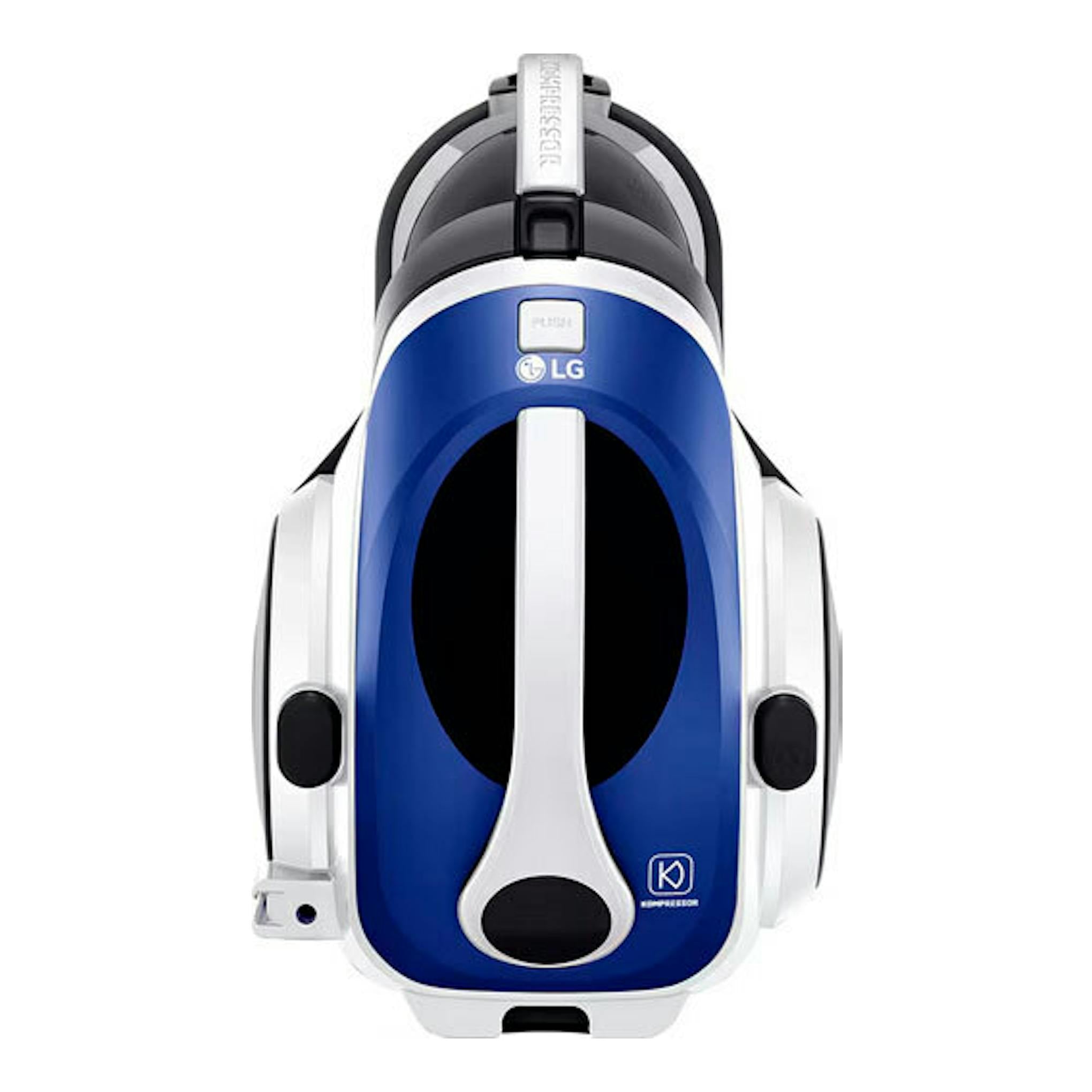 Aspirador LG VK8506NHAC gris mate, vista frontal, cuerpo azul, blanco y negro.