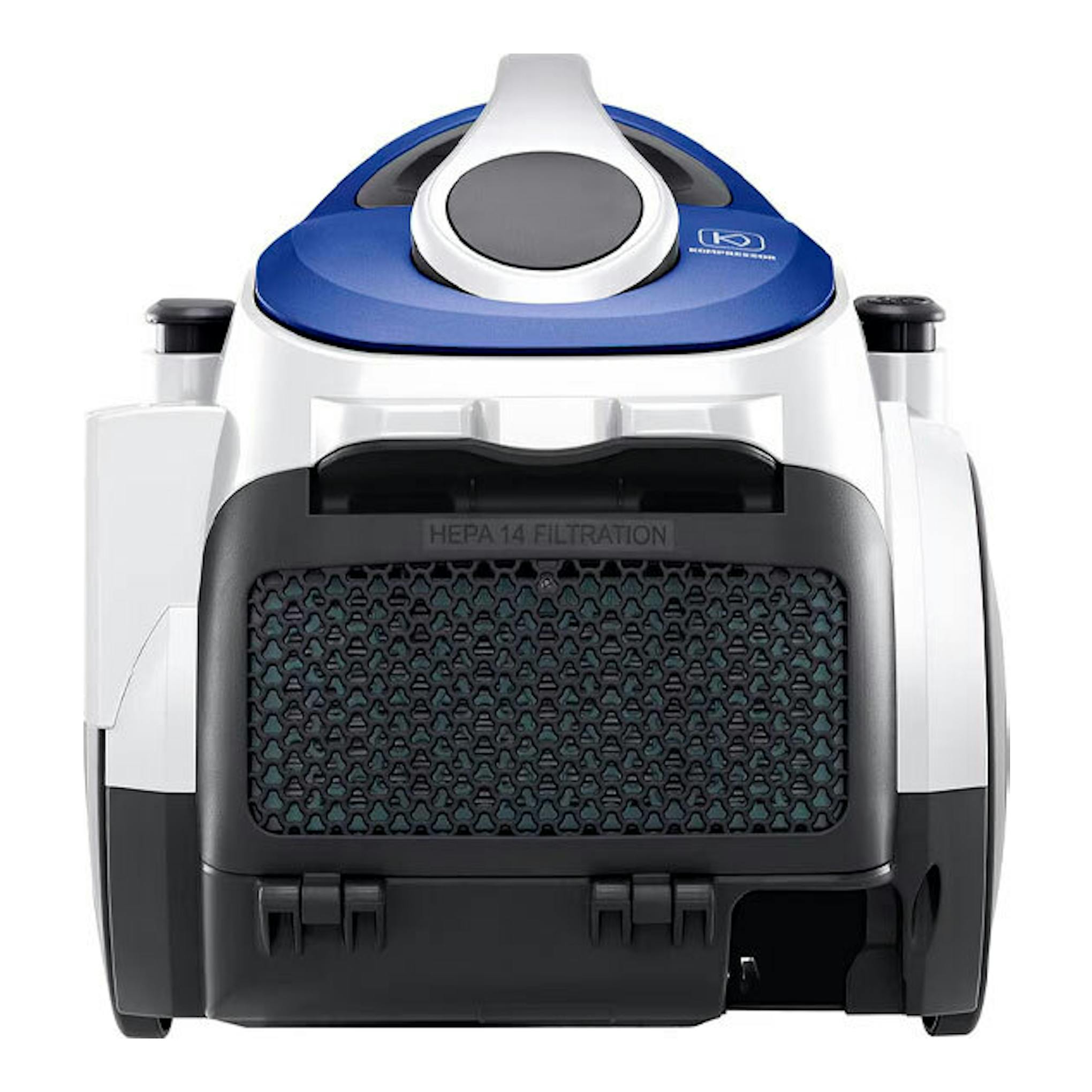 Aspirador LG VK8506NHAC gris mate, vista frontal, con tapa azul, blanco y negro.