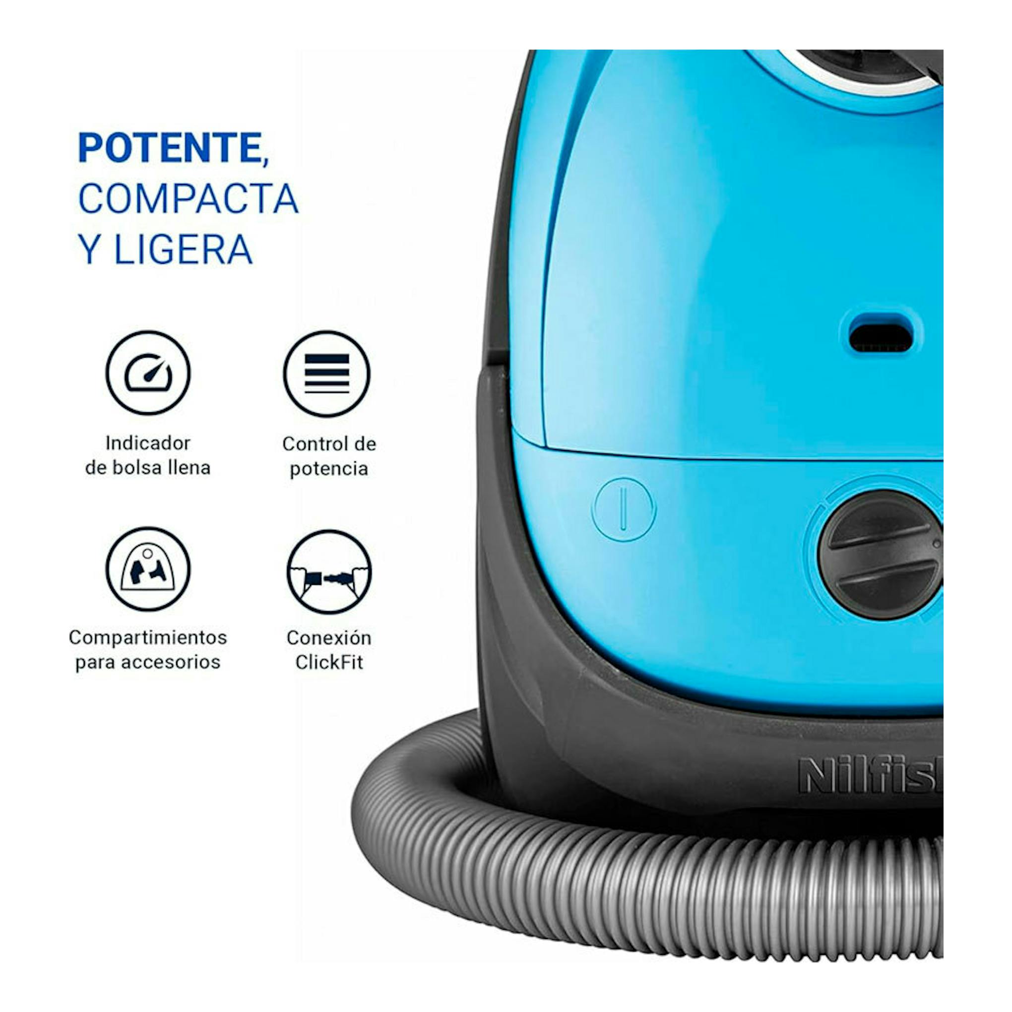 Aspirador Nilfisk ONE LBB10P05A-HB15 azul, vista frontal parcial con manguera gris.