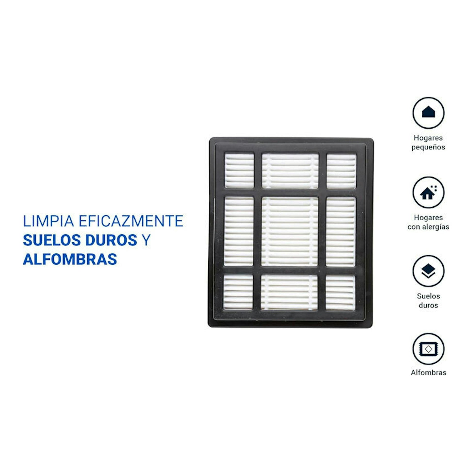 Nilfisk ONE LBB10P05A-HB15: filtro rectangular negro sobre fondo blanco, con iconos y texto sobre suelos y alfombras.