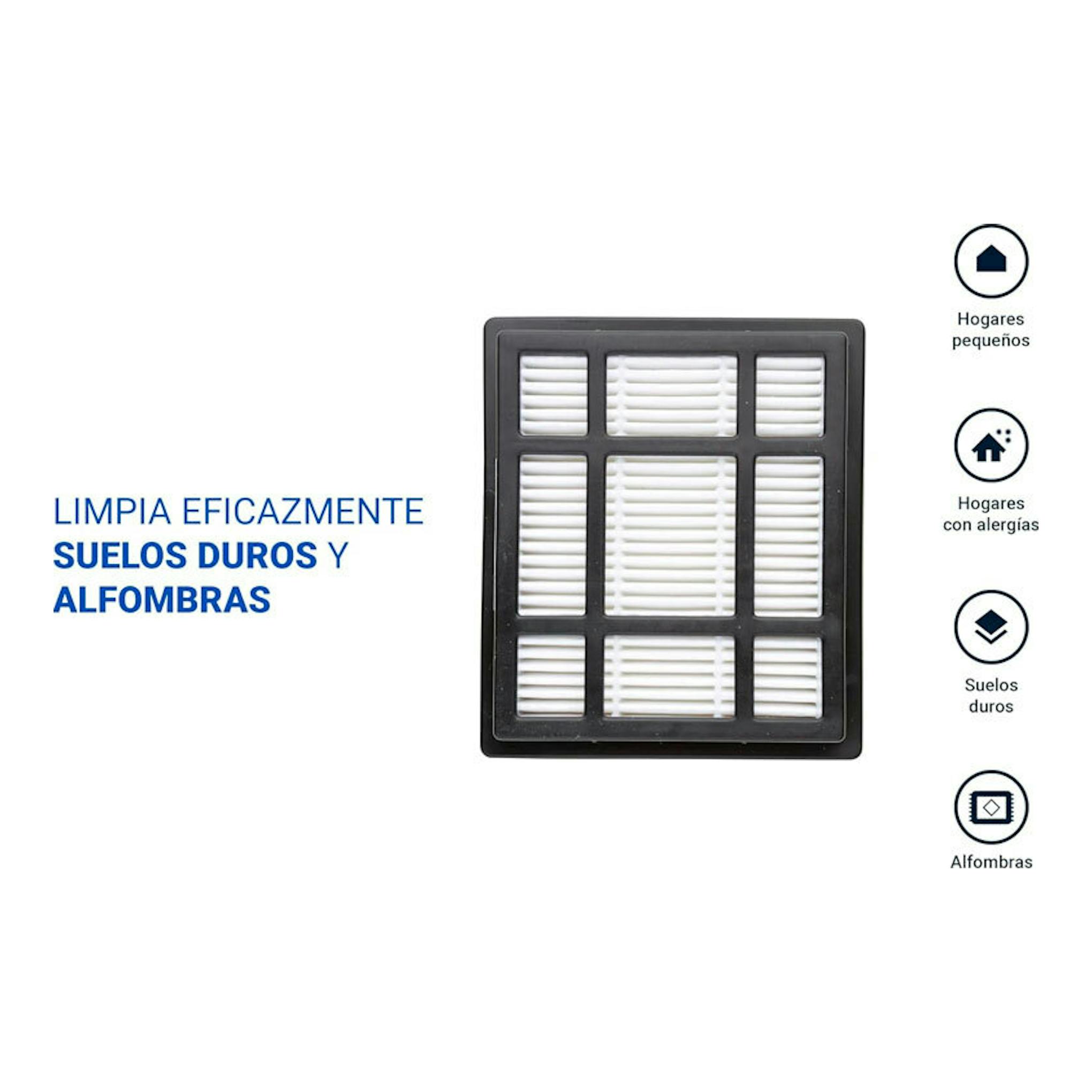 Nilfisk ONE LBB10P05A-HB15: filtro rectangular negro sobre fondo blanco, con iconos y texto sobre suelos y alfombras.