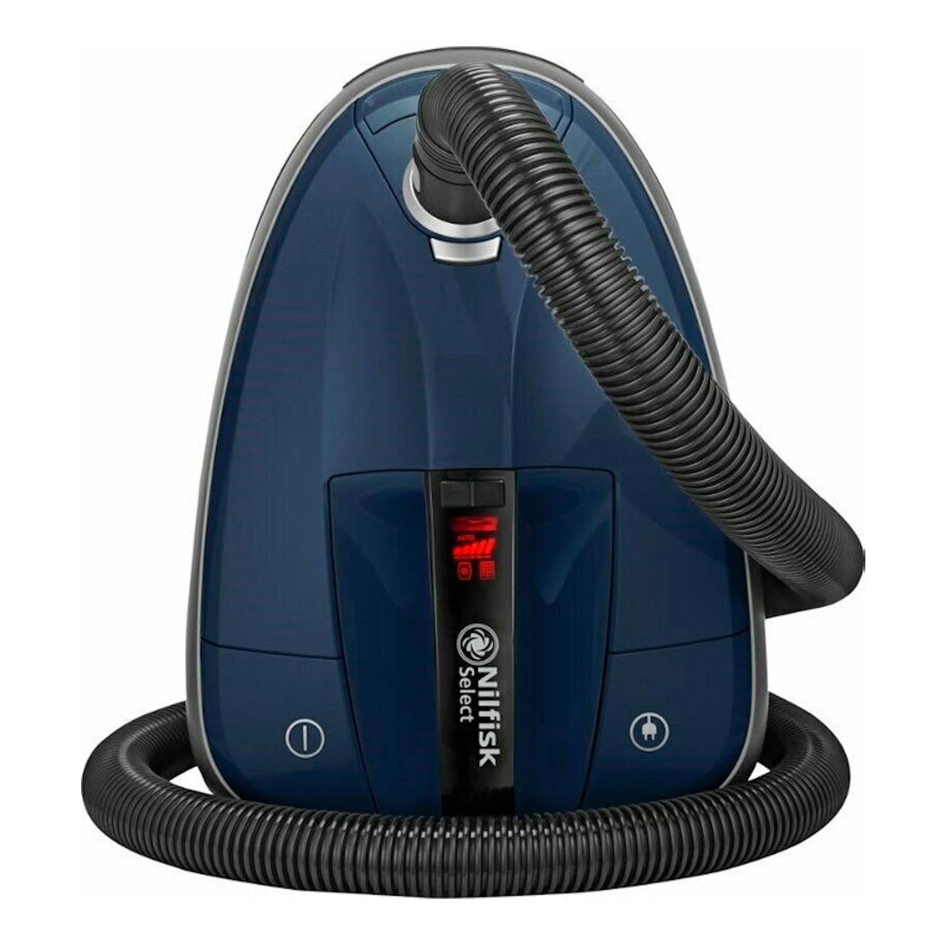 Aspirador Nilfisk Select MBCO13P08A1-HFN azul, vista frontal, con manguera enrollada.