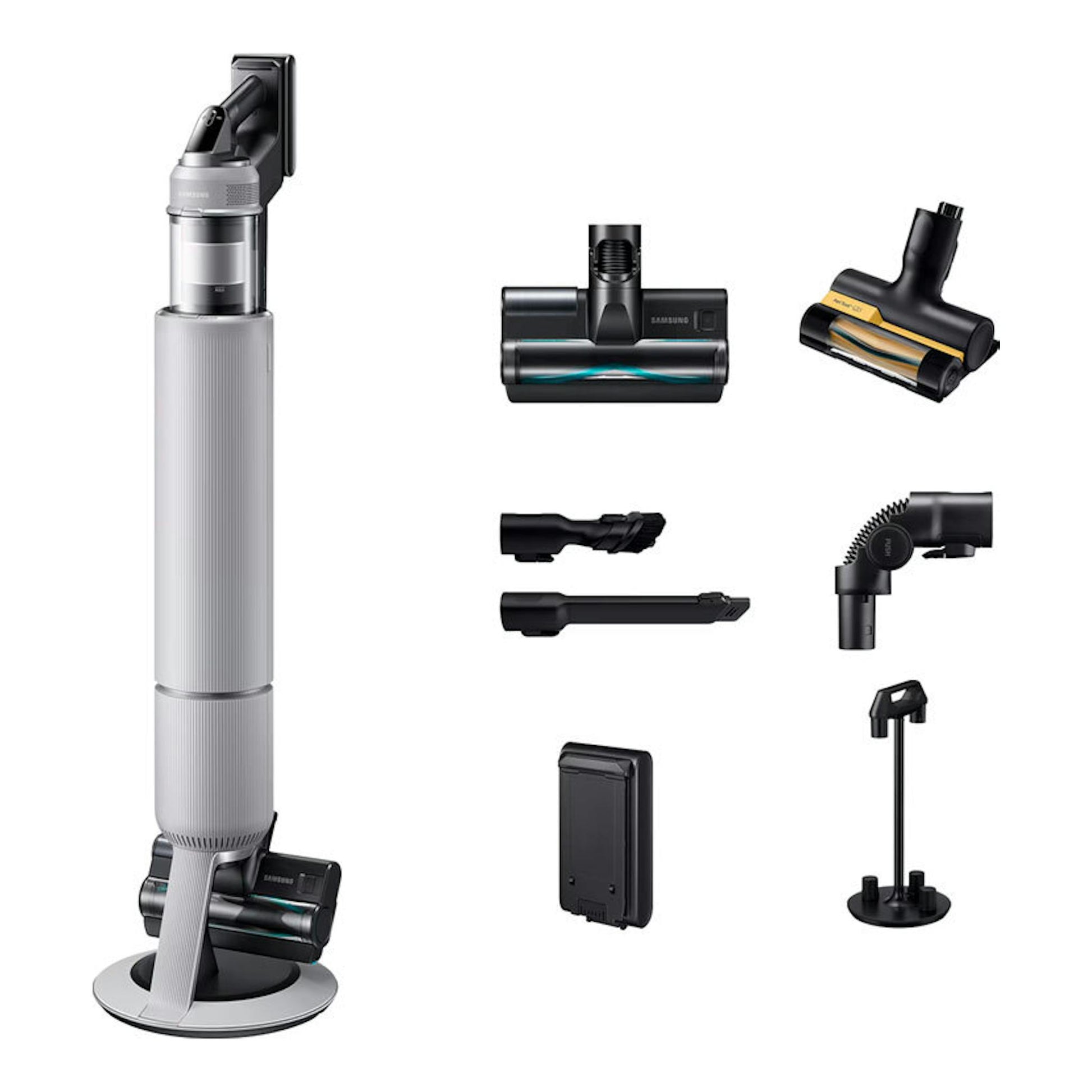 Aspirador vertical Samsung VS80F28DLP WA gris, con base de carga y accesorios sobre fondo blanco.