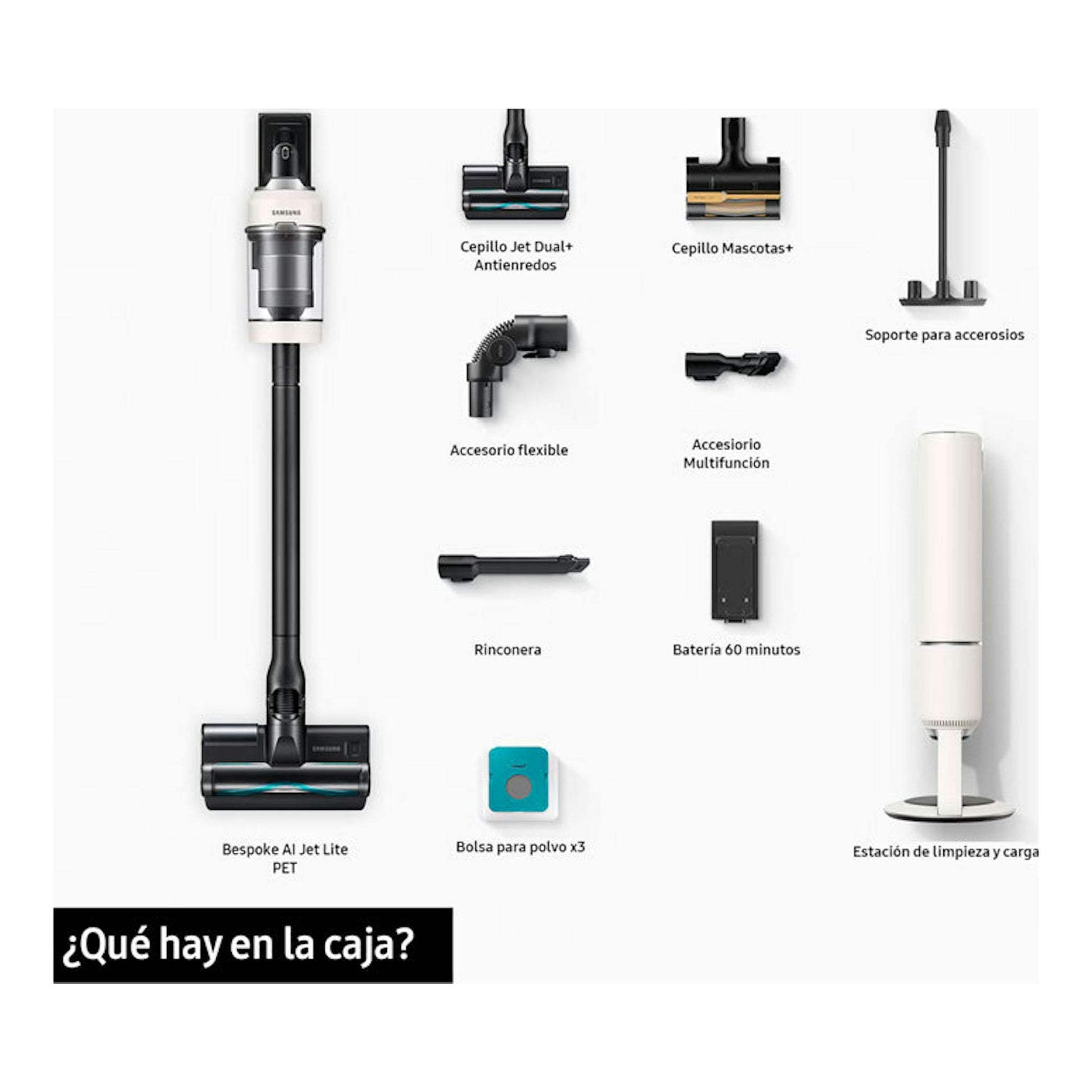 Samsung VS80F28DLP WA: aspirador escoba inalámbrico negro con accesorios y base de carga, vista frontal
