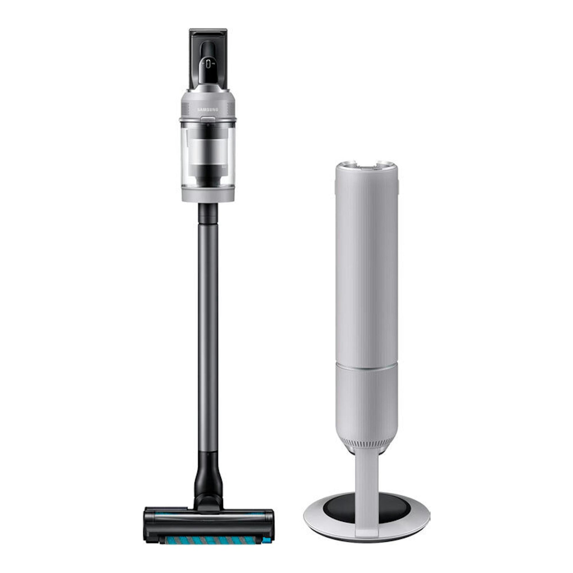Aspirador escoba Samsung VS80F28DLP WA, vista frontal, negro y gris, con base de carga.