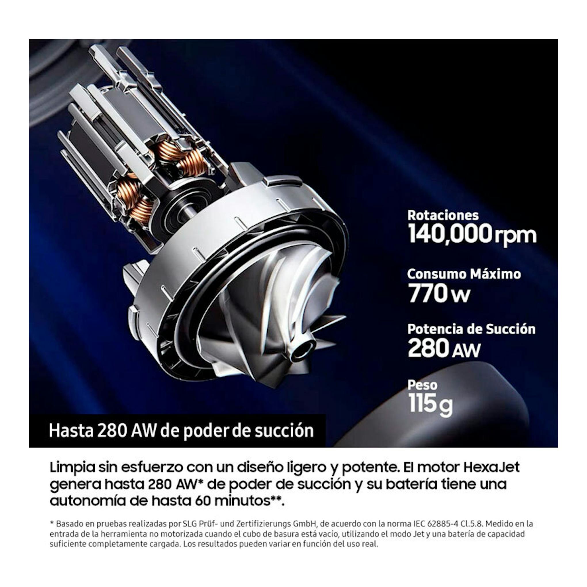 Samsung VS80F28DLP WA, vista de motor de aspiradora con texto de 280 AW, 140.000 rpm y 115 g.