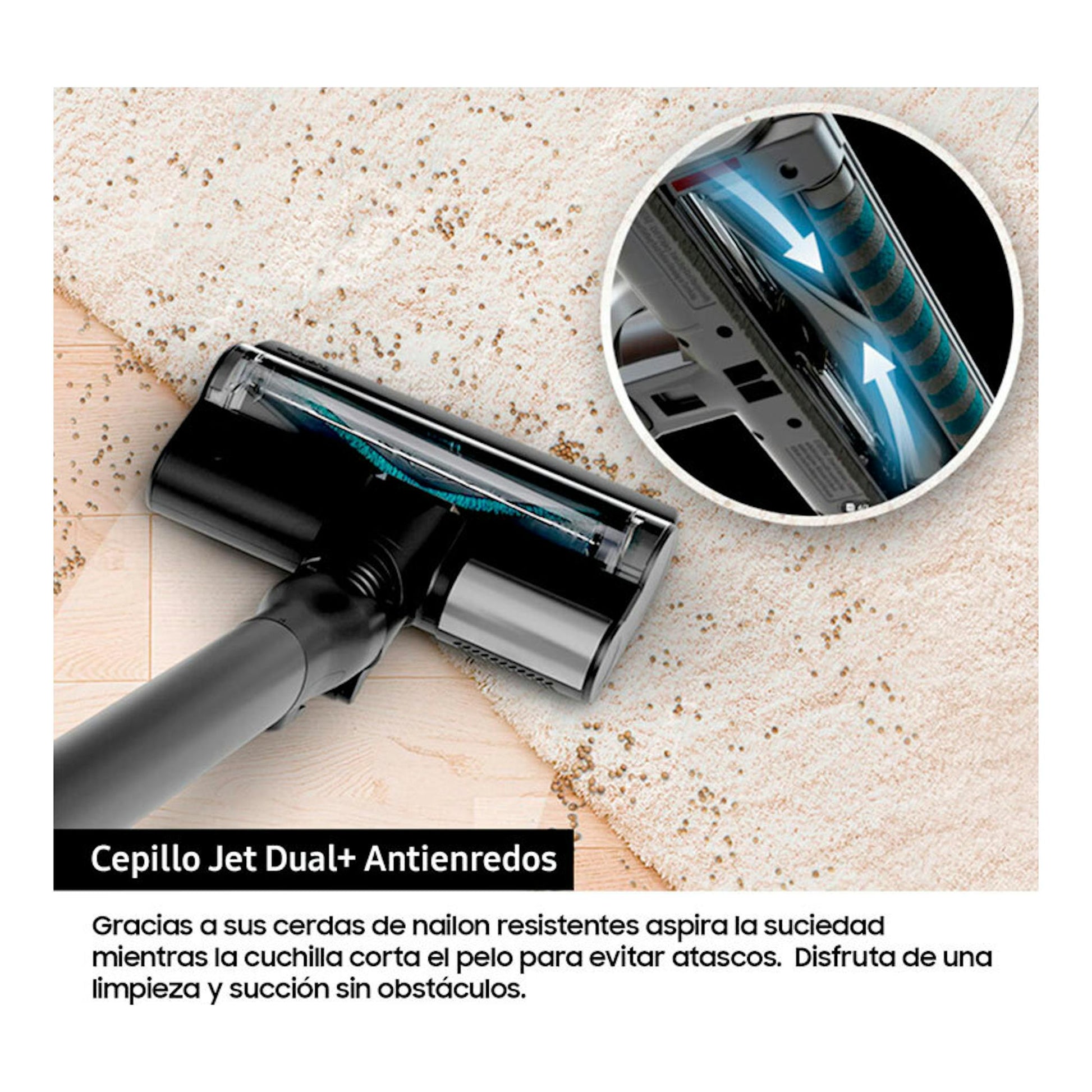 Samsung VS80F28DLP WA: cepillo aspirador negro sobre suelo con suciedad y detalle ampliado del rodillo.