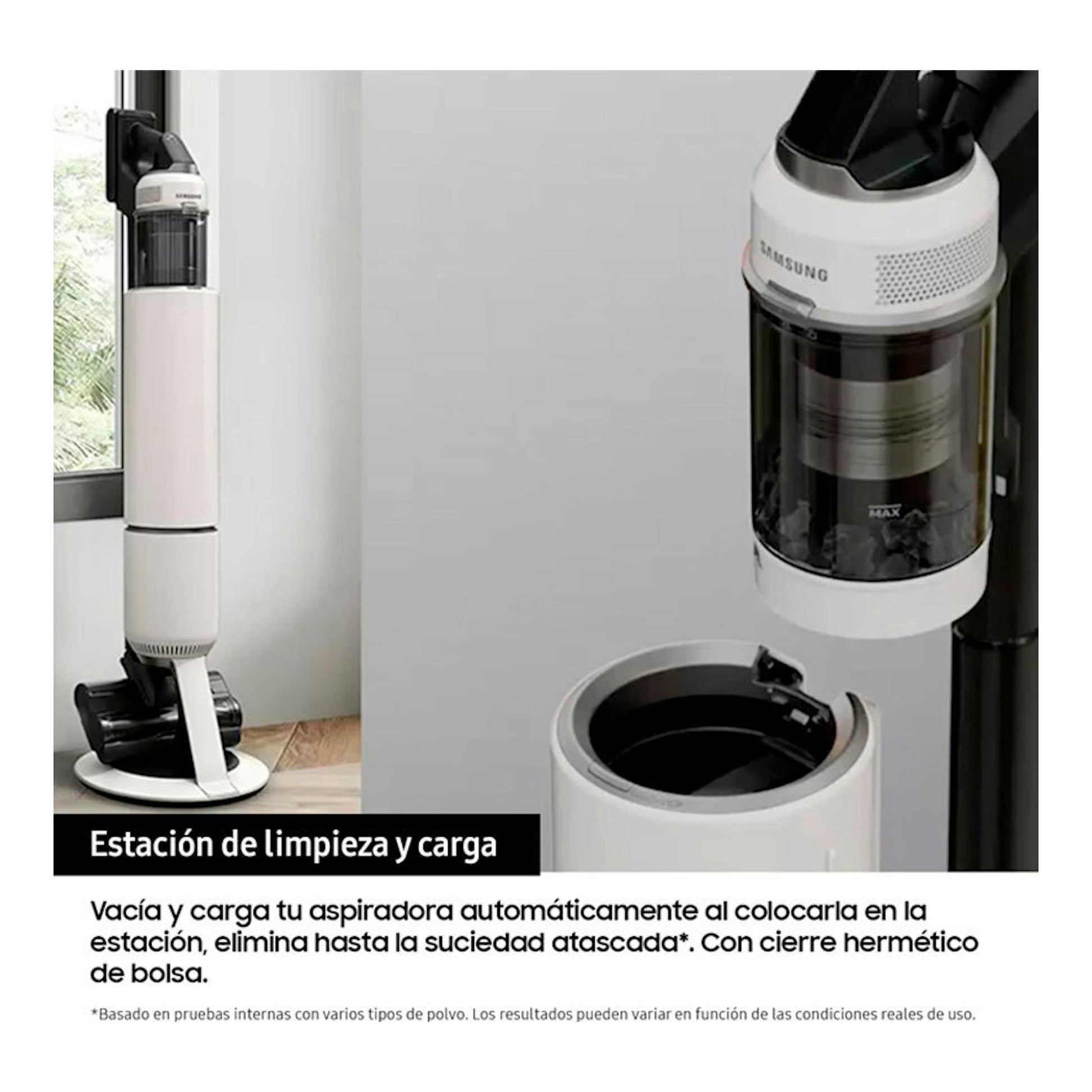 Aspirador Samsung VS80F28DLP WA blanco y negro en estación de limpieza y carga, vista frontal.
